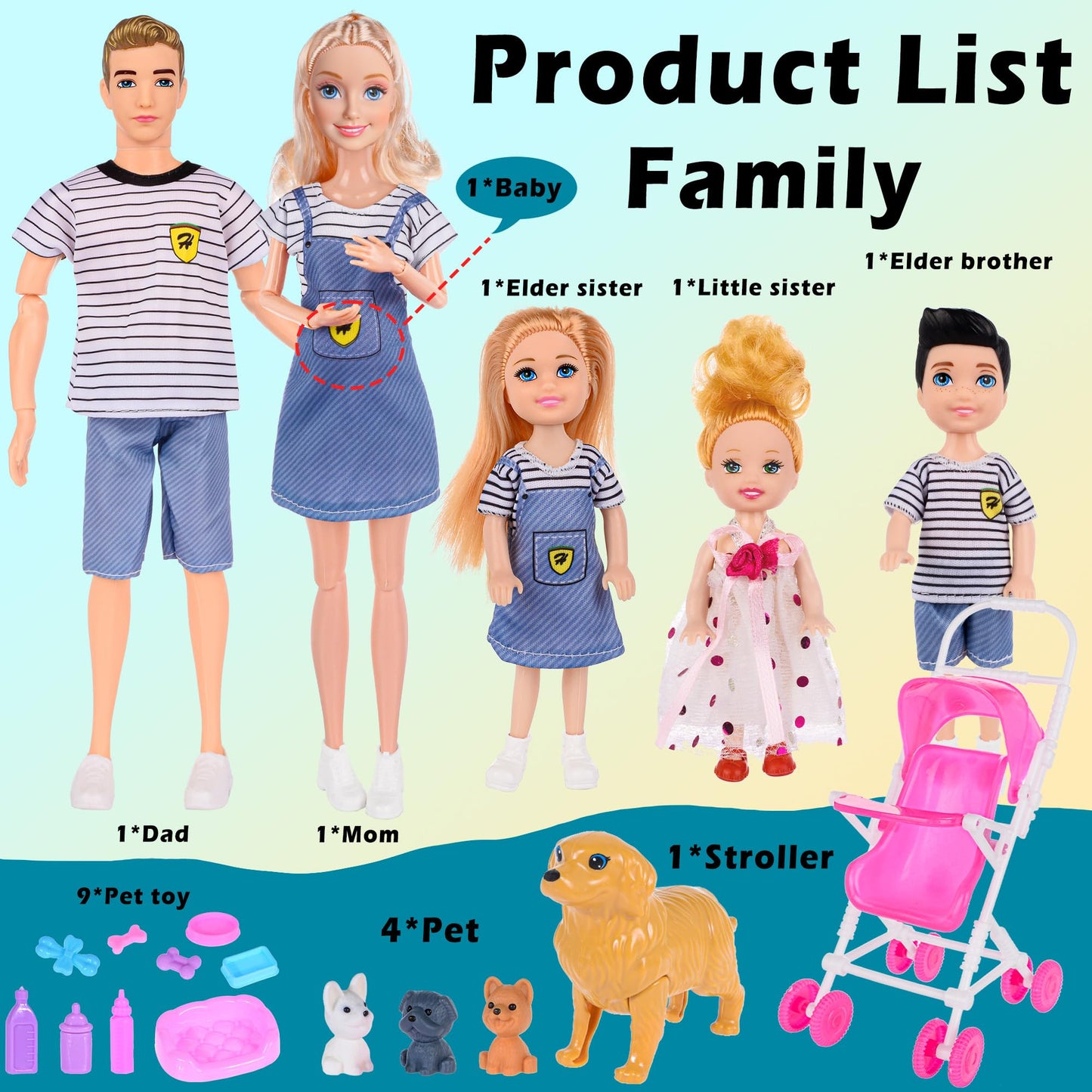 Dollbie Dolls Family Playset with Baby Stroller – 6-Person Imaginative Toy for Ages 3-12