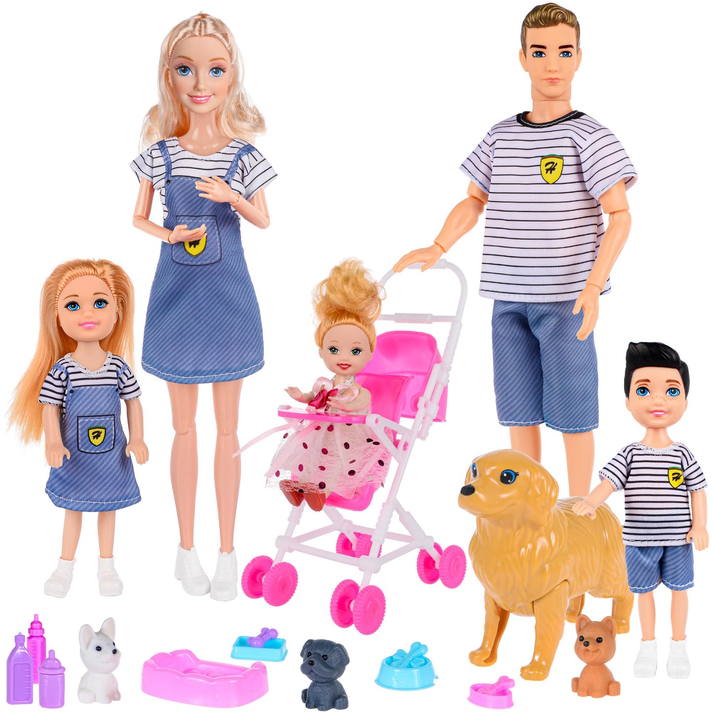 Dollbie Dolls Family Playset with Baby Stroller – 6-Person Imaginative Toy for Ages 3-12