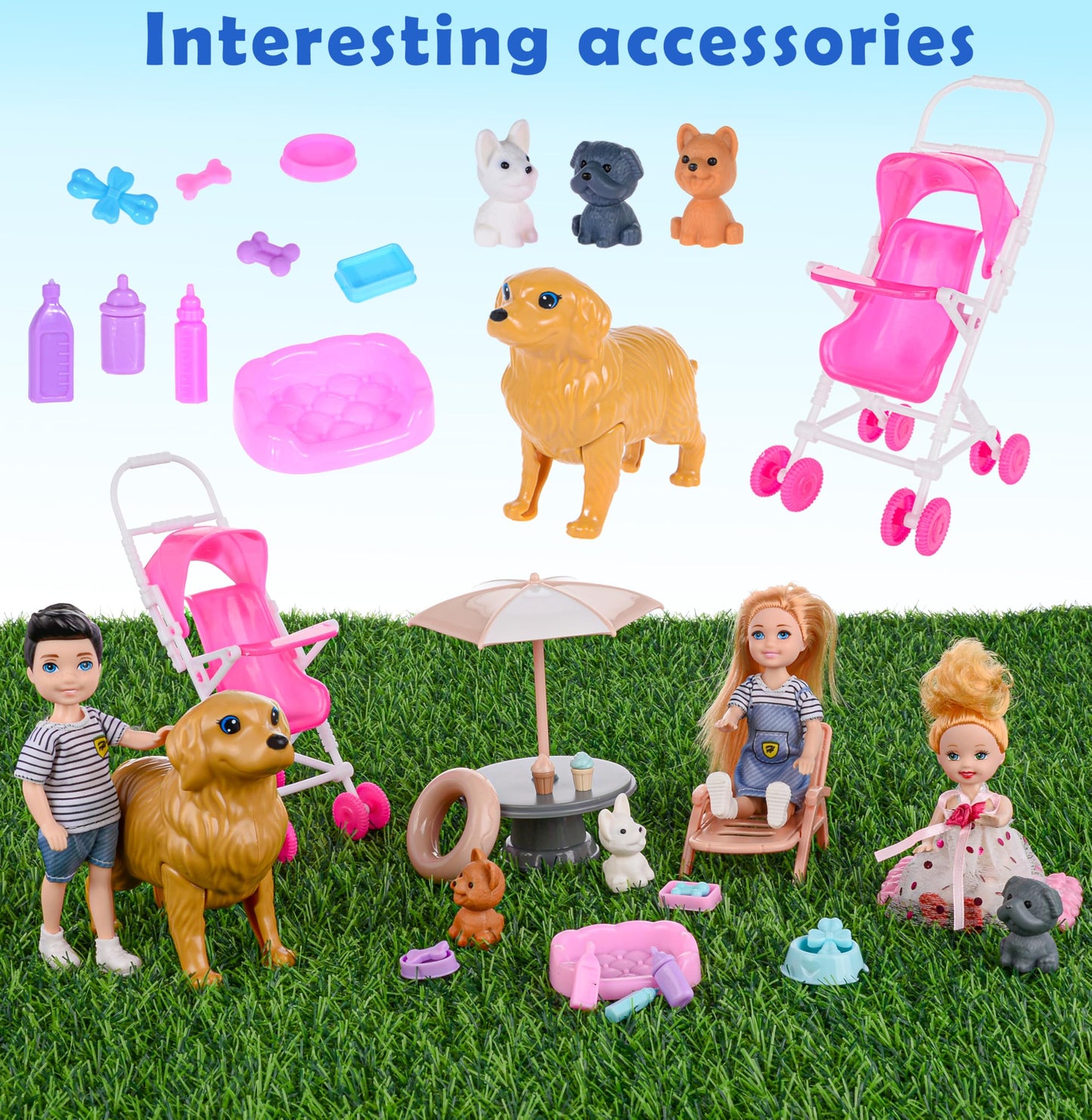 Dollbie Dolls Family Playset with Baby Stroller – 6-Person Imaginative Toy for Ages 3-12
