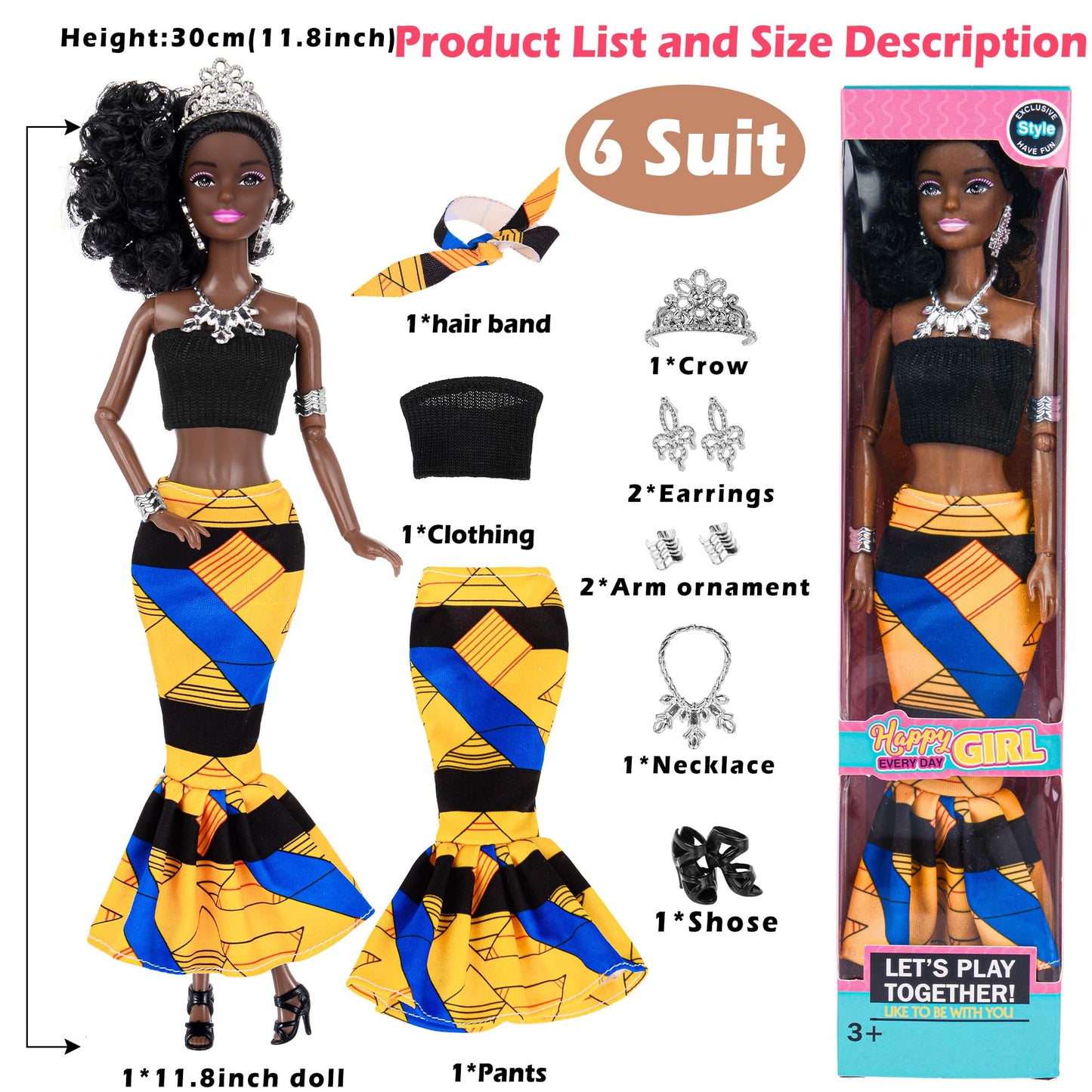 Dollbie 6-Pack African American Fashion Dolls - 11.5-Inch Posable with Mix & Match Outfits + Pink Gift Case