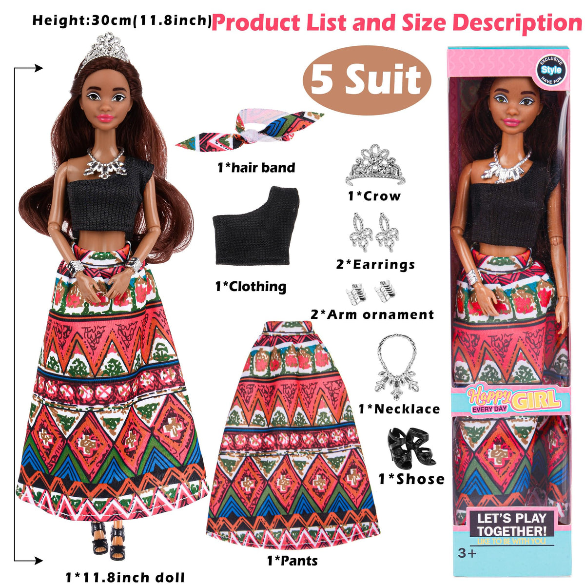 Dollbie 6-Pack African American Fashion Dolls - 11.5-Inch Posable with Mix & Match Outfits + Pink Gift Case