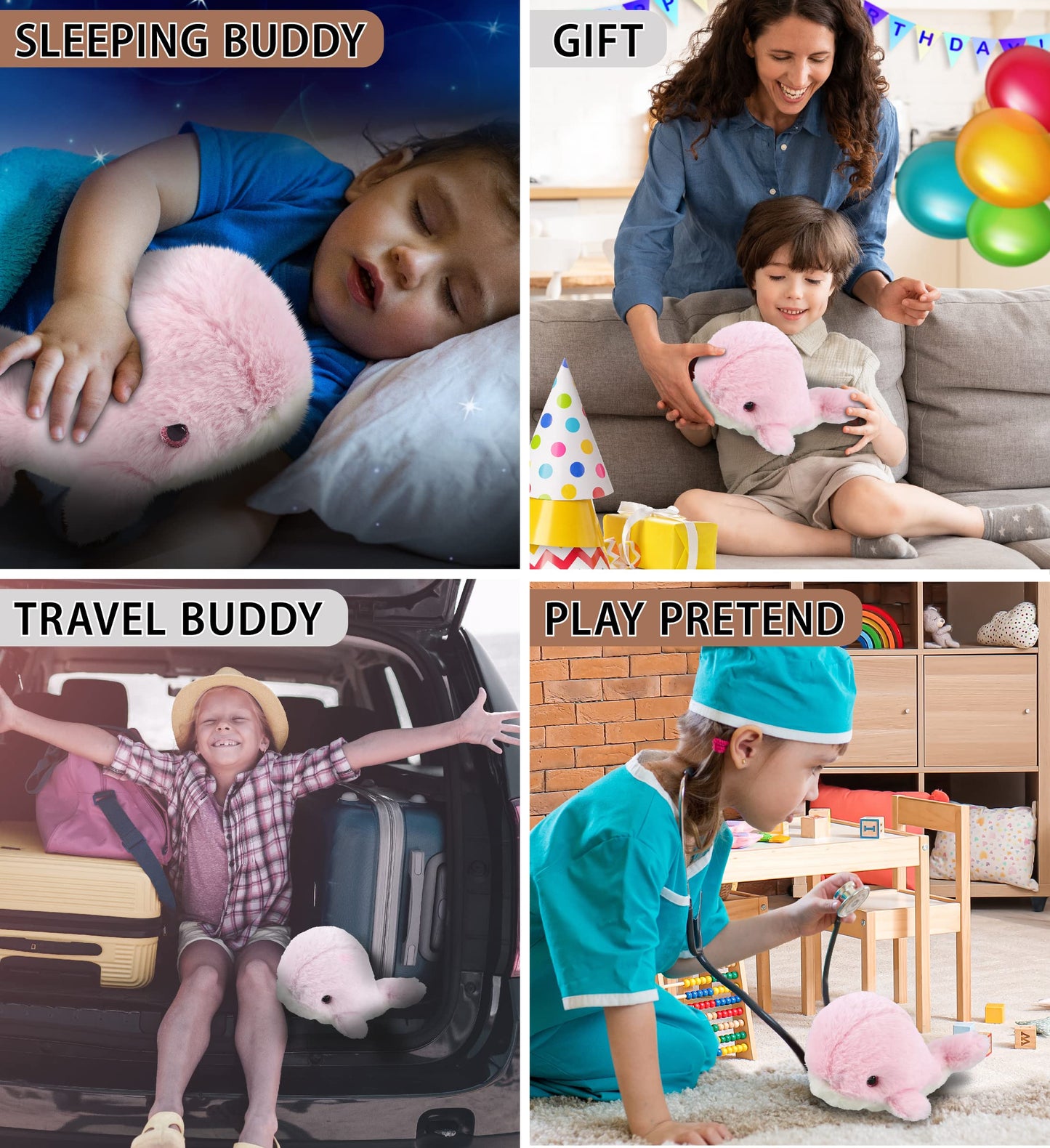 DolliBu Plush Pink Whale Stuffed Animal – 7-Inch Soft Huggable Toy