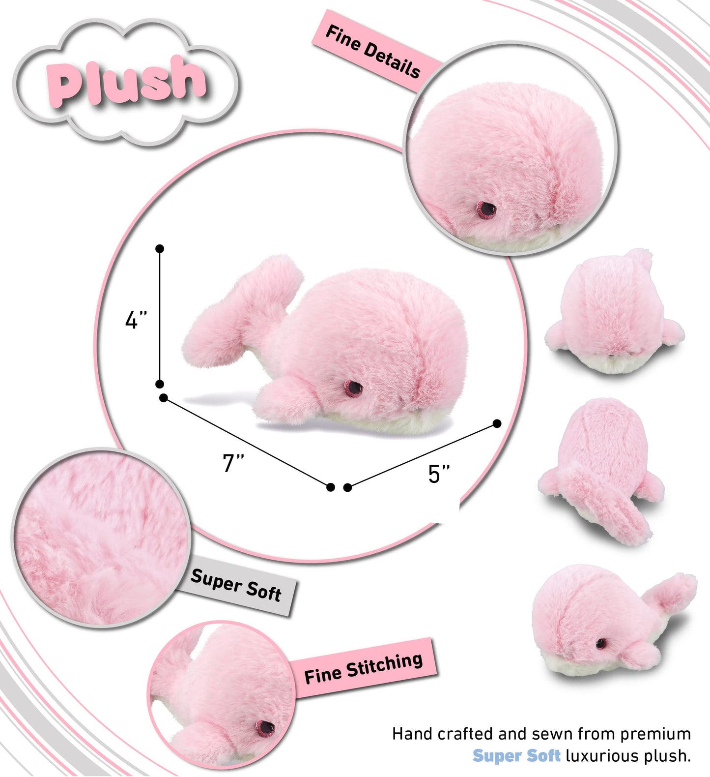 DolliBu Plush Pink Whale Stuffed Animal – 7-Inch Soft Huggable Toy