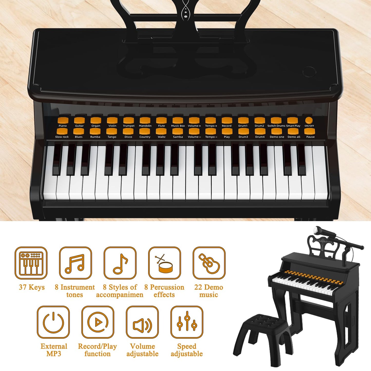 Dollox 37-Key Keyboard Piano for Kids – 2-in-1 Toddler Piano with Stool
