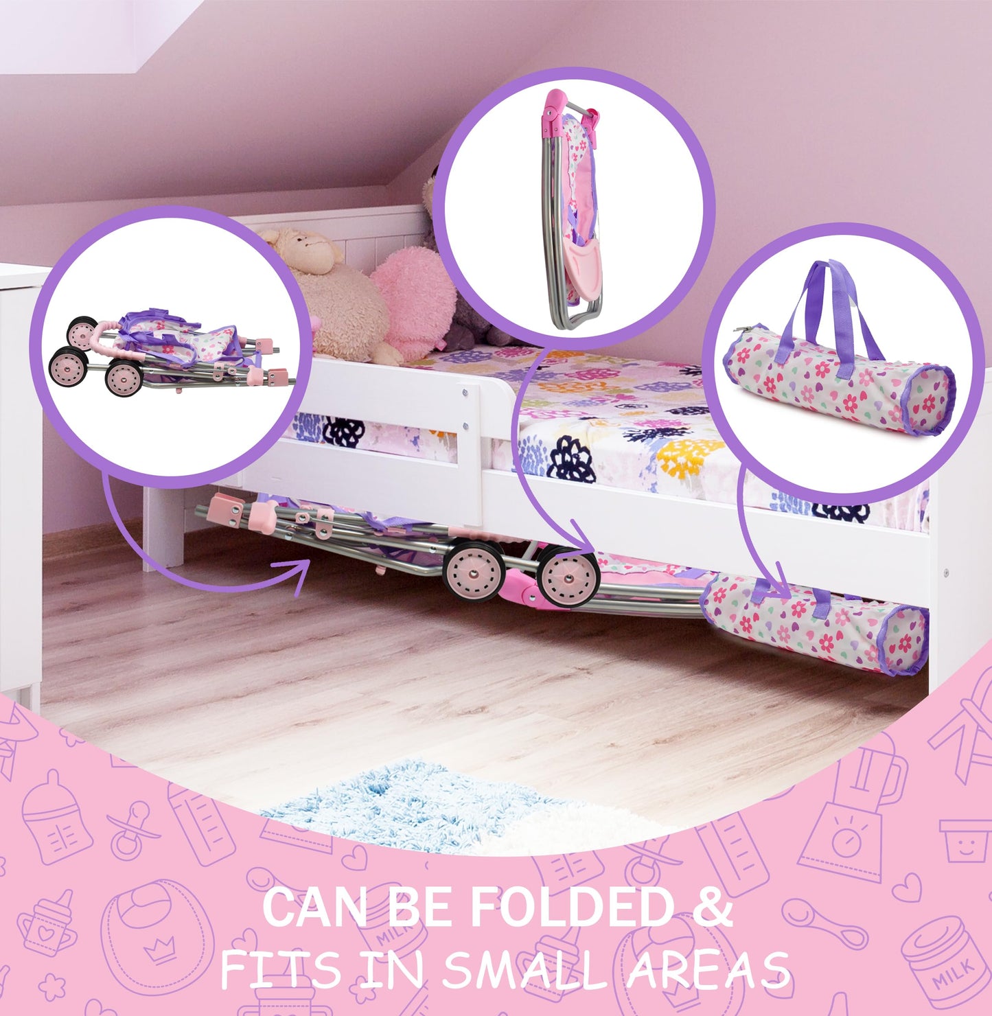 Dolls To Play Baby Doll Stroller Bed & Swing Playset — 3-in-1 Convertible Seat, Crib, Diaper Bag