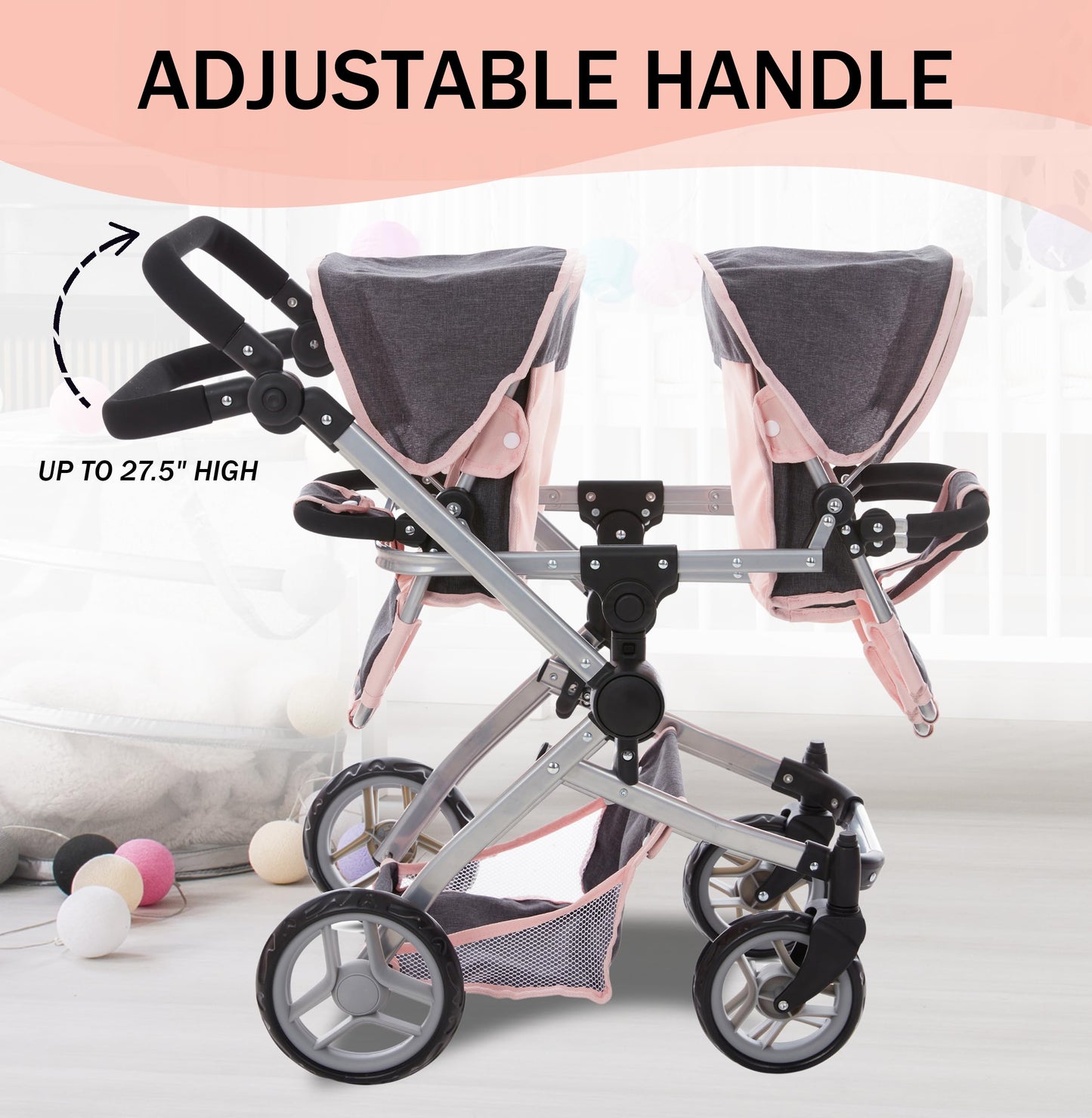 Dolls To Play Baby Doll Double Stroller Twin Pram Buggy for Kids 27.5 Inch Handle