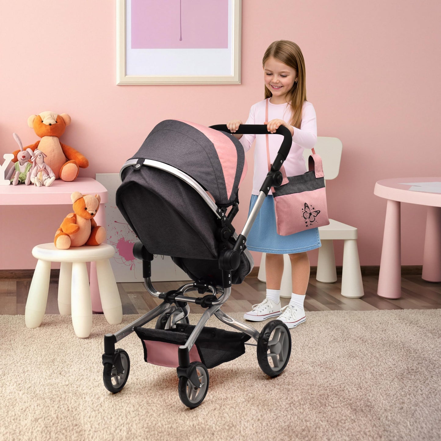Dolls To Play Convertible Baby Doll Stroller 2-in-1 Carriage with Bag, Canopy & Rotating Wheels