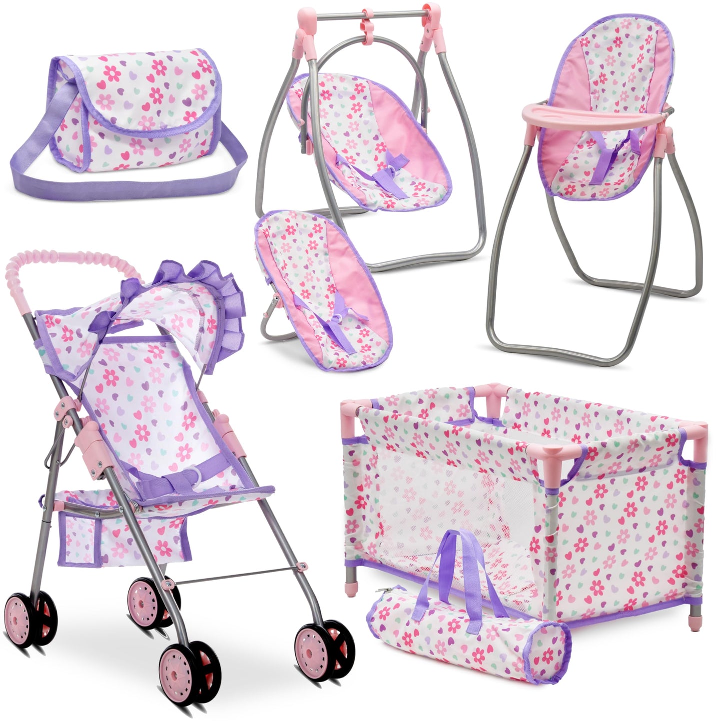 Dolls To Play Baby Doll Stroller Bed & Swing Playset — 3-in-1 Convertible Seat, Crib, Diaper Bag