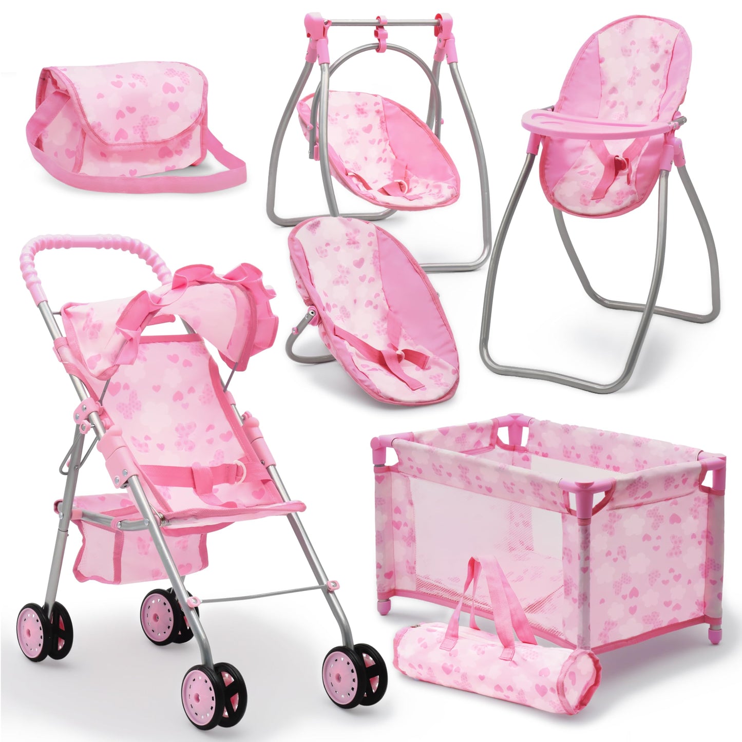 Dolls To Play Baby Doll Stroller Bed & Swing Nursery Playset — 3-in-1 Seat, Crib, High Chair