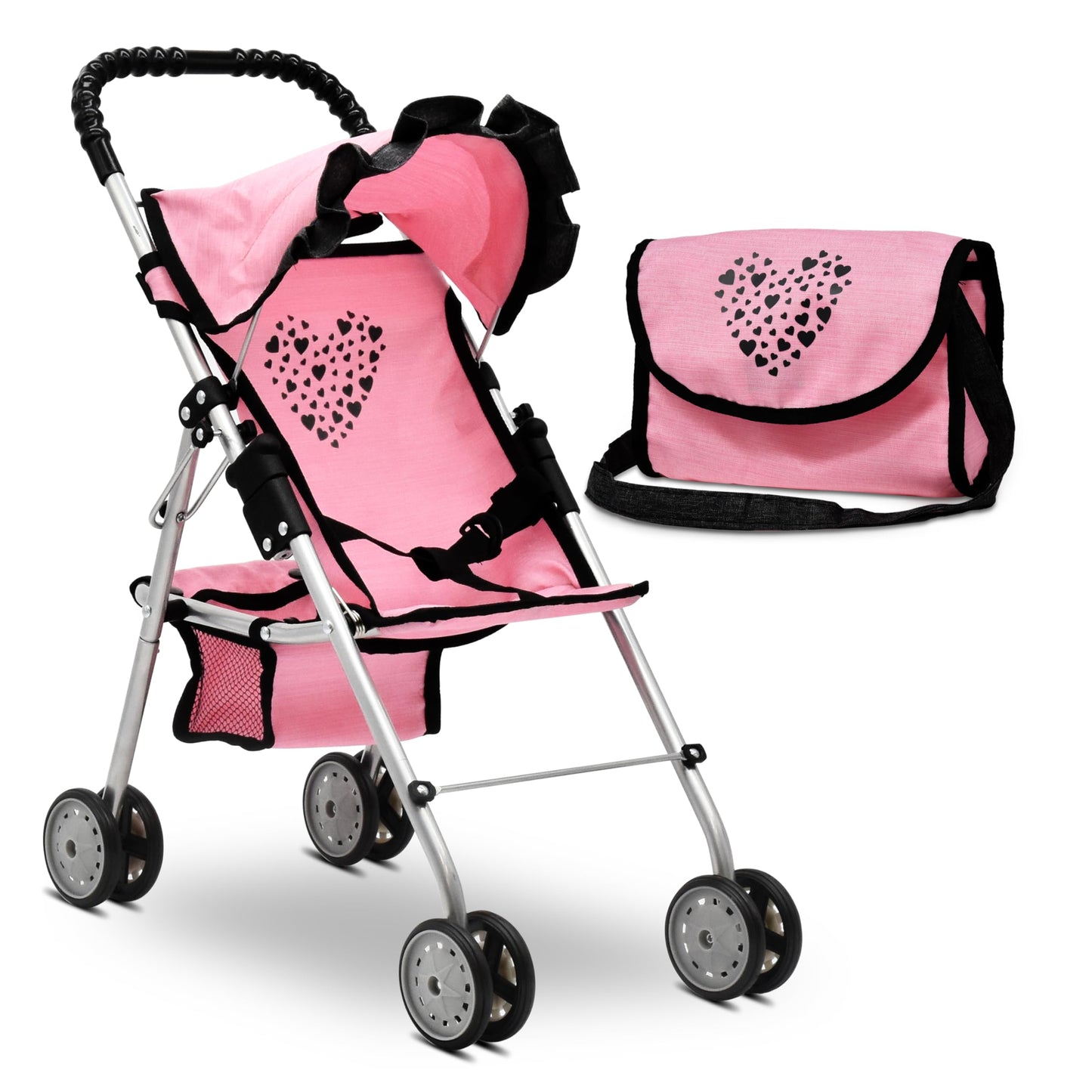 Baby Doll Stroller for Girls by Dolls To Play – Pink 4-Wheel Foldable Buggy with Canopy & Storage
