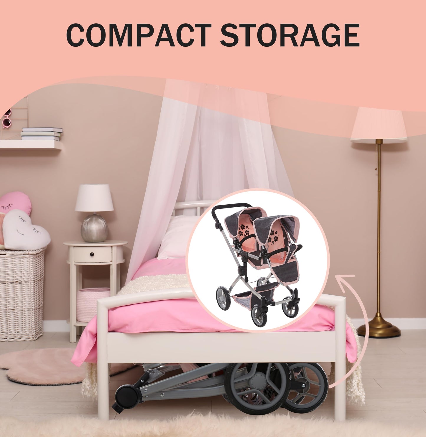 Dolls To Play Baby Doll Double Stroller Twin Pram Buggy for Kids 27.5 Inch Handle
