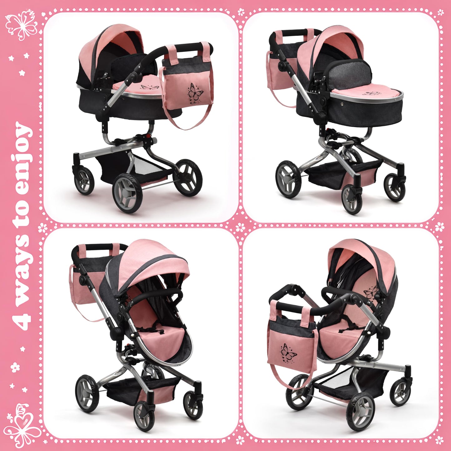 Dolls To Play Convertible Baby Doll Stroller 2-in-1 Carriage with Bag, Canopy & Rotating Wheels