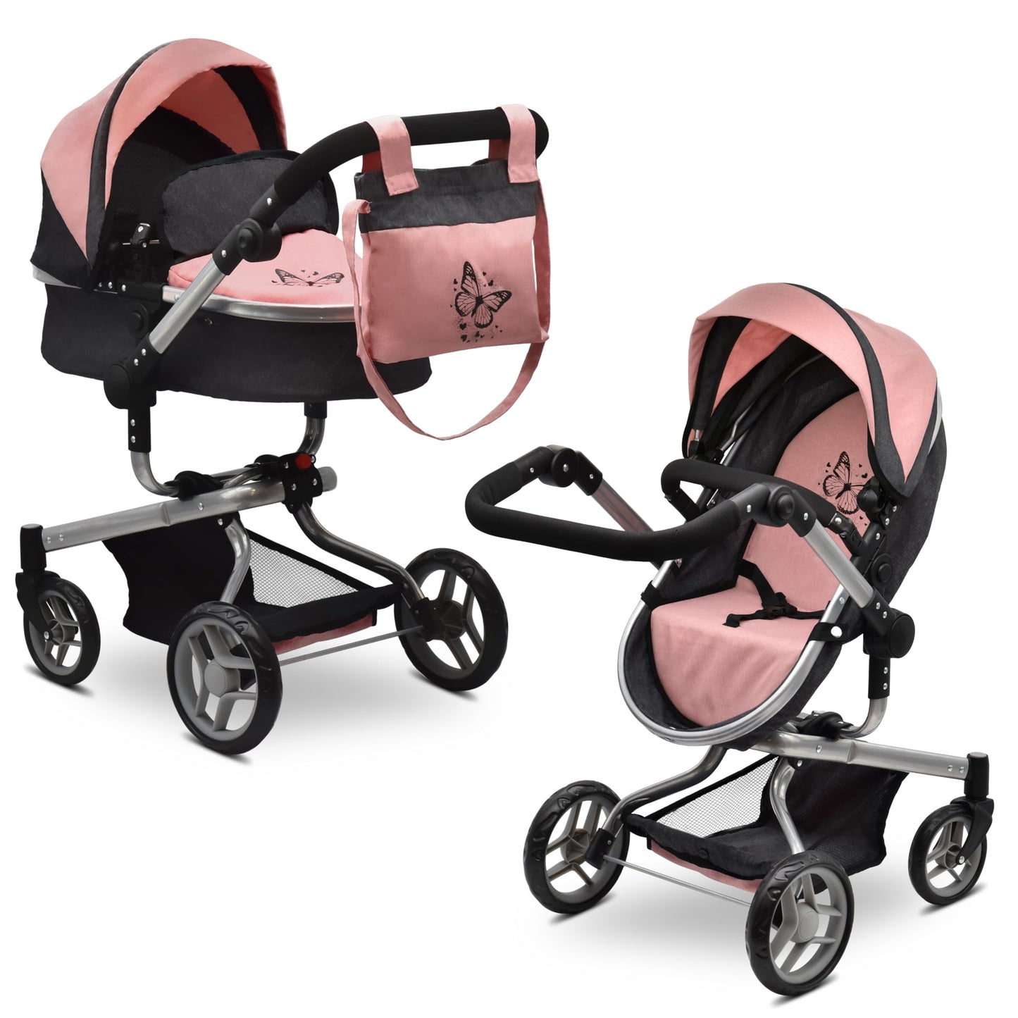 Dolls To Play Convertible Baby Doll Stroller 2-in-1 Carriage with Bag, Canopy & Rotating Wheels