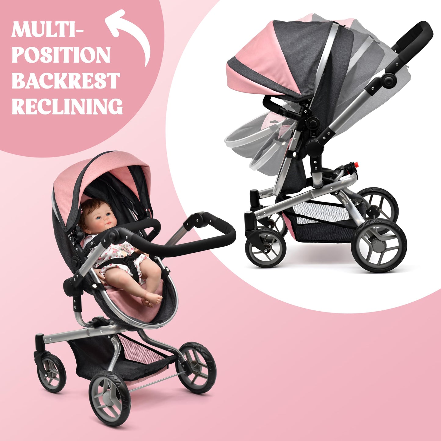 Dolls To Play Convertible Baby Doll Stroller 2-in-1 Carriage with Bag, Canopy & Rotating Wheels
