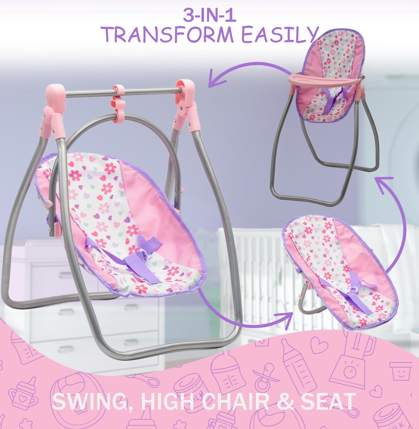 Dolls To Play Baby Doll Stroller Bed & Swing Playset — 3-in-1 Convertible Seat, Crib, Diaper Bag