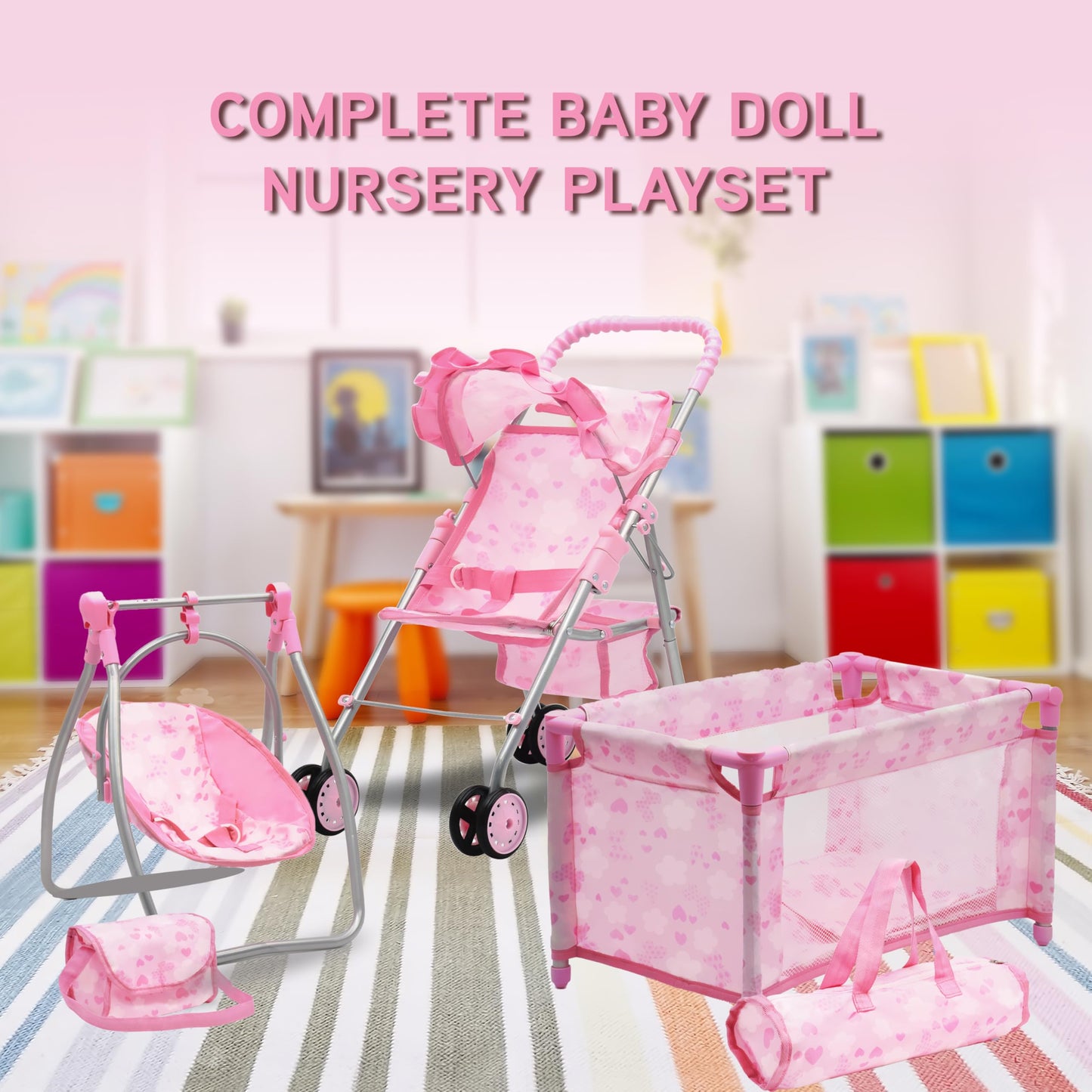 Dolls To Play Baby Doll Stroller Bed & Swing Nursery Playset — 3-in-1 Seat, Crib, High Chair