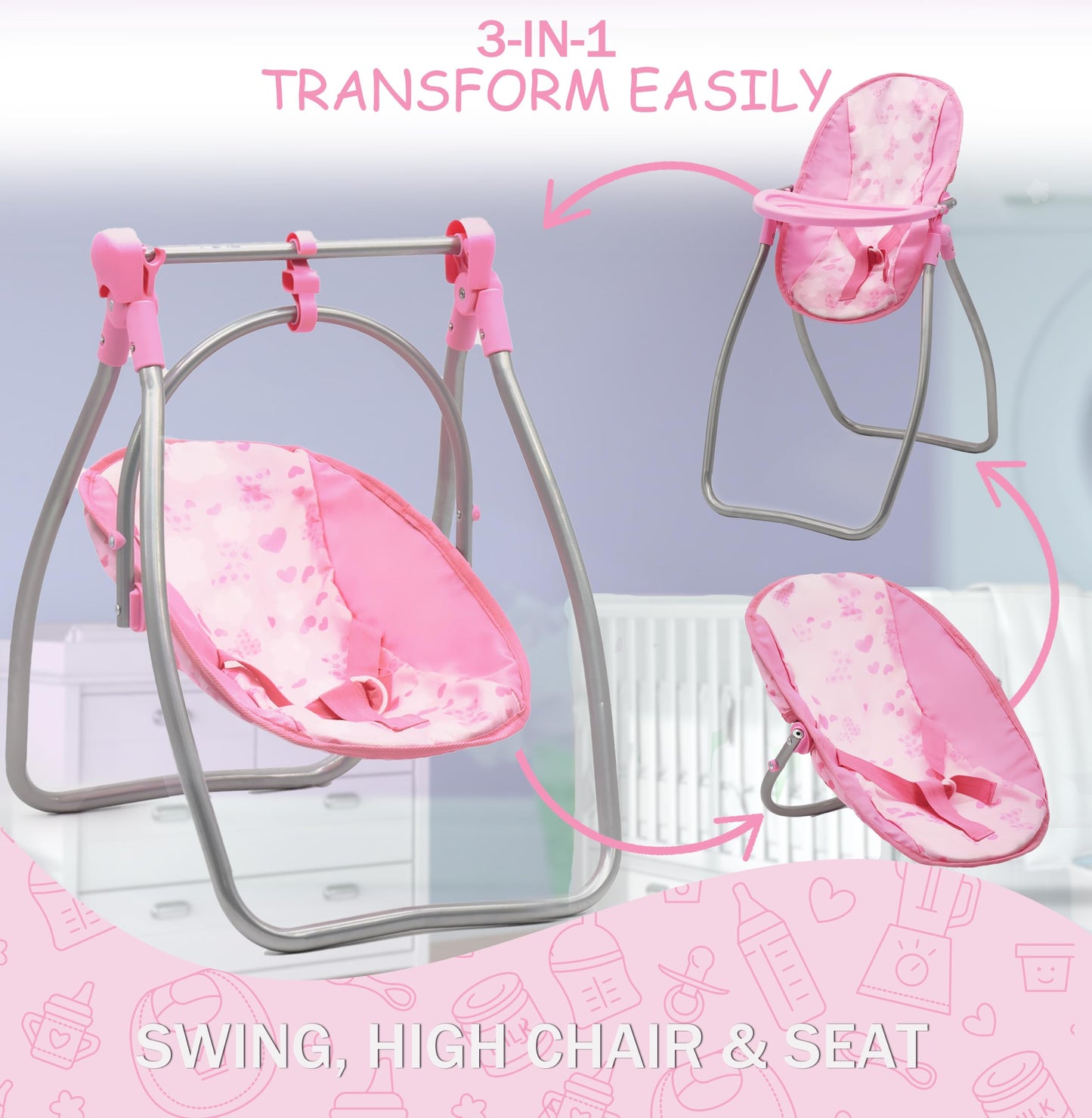 Dolls To Play Baby Doll Stroller Bed & Swing Nursery Playset — 3-in-1 Seat, Crib, High Chair