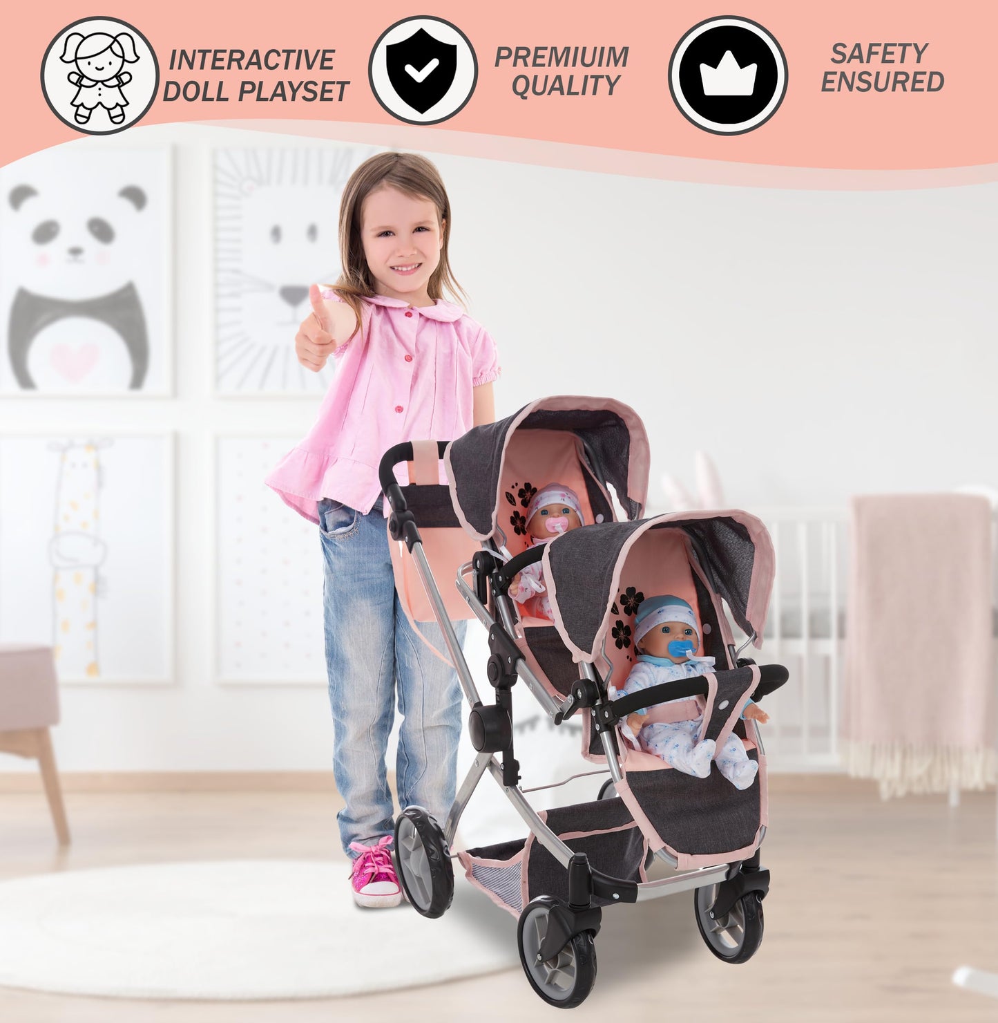 Dolls To Play Baby Doll Double Stroller Twin Pram Buggy for Kids 27.5 Inch Handle