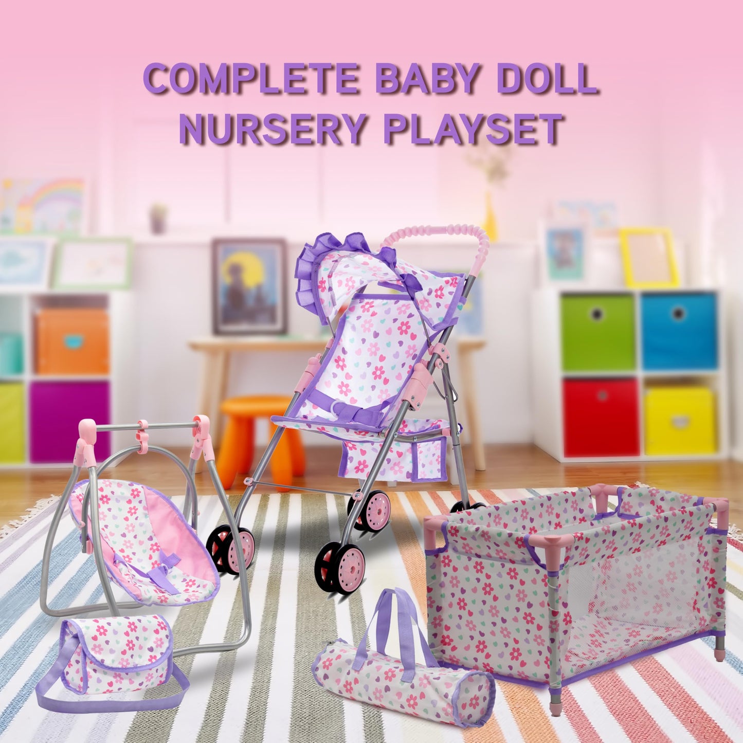Dolls To Play Baby Doll Stroller Bed & Swing Playset — 3-in-1 Convertible Seat, Crib, Diaper Bag