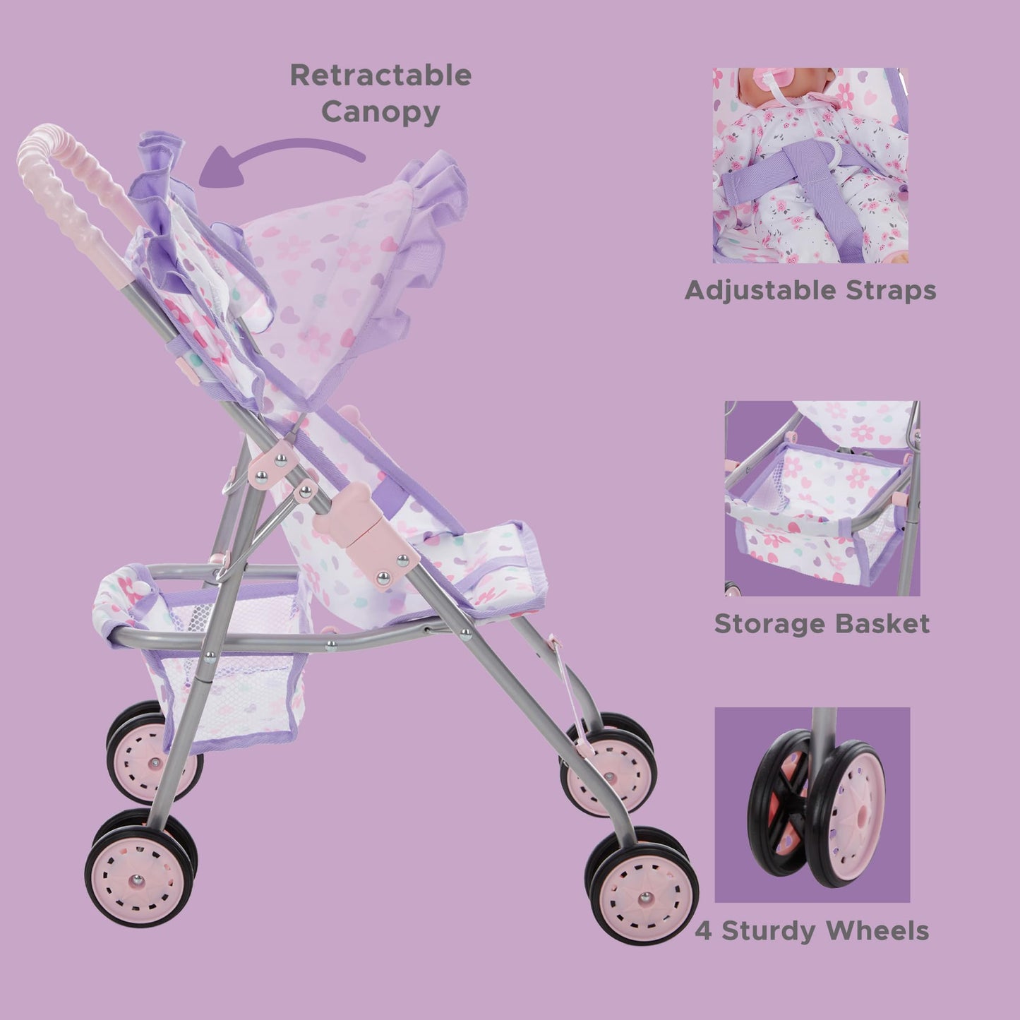 Dolls To Play Baby Doll Stroller - Purple Foldable Buggy for 12-18 inch Dolls with Canopy