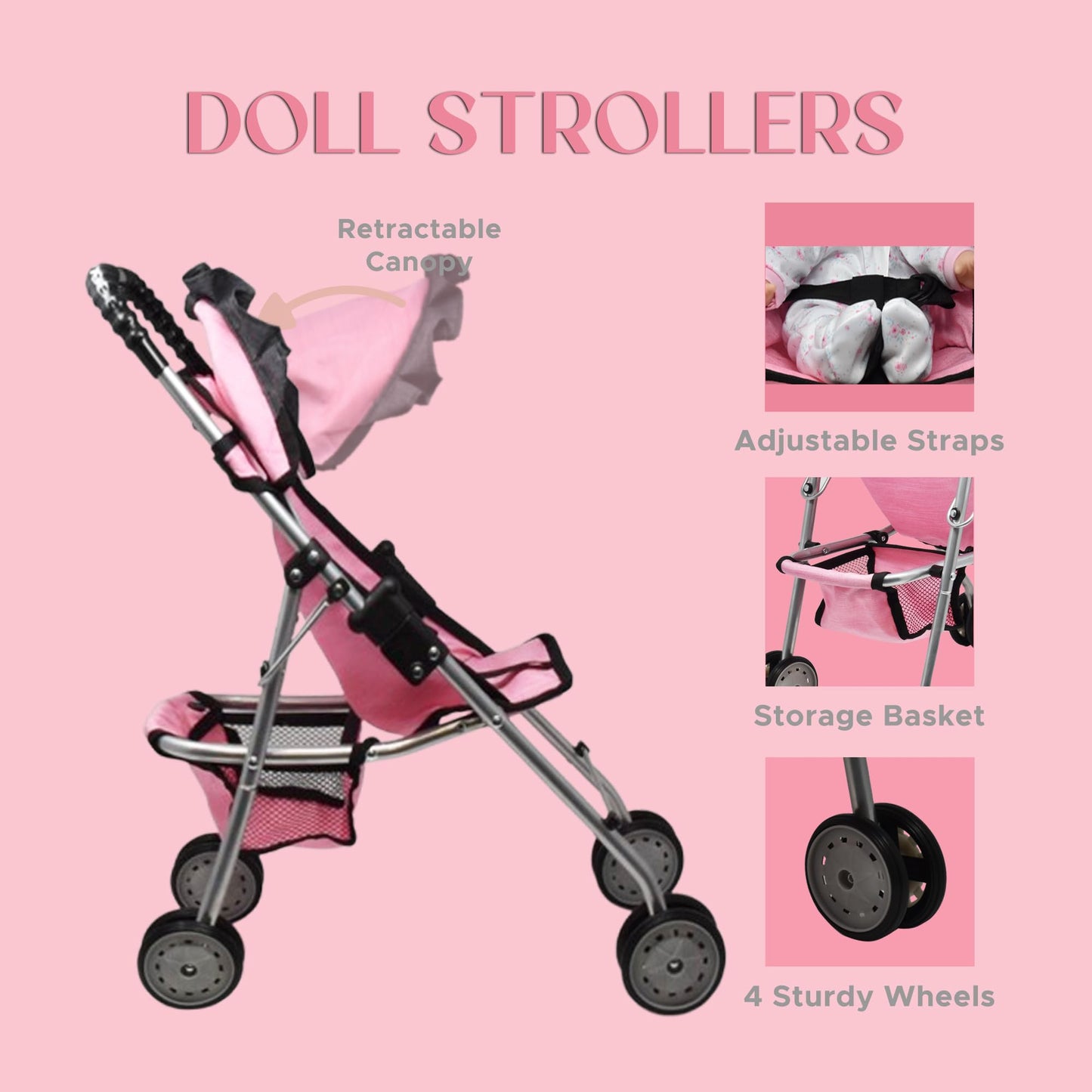 Baby Doll Stroller for Girls by Dolls To Play – Pink 4-Wheel Foldable Buggy with Canopy & Storage