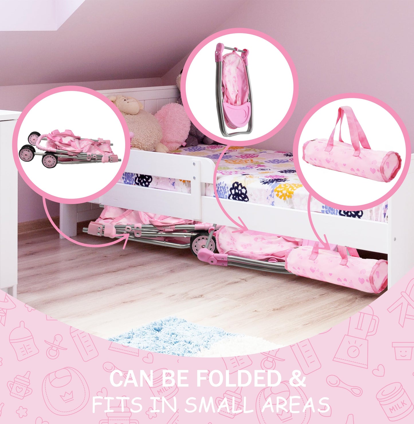 Dolls To Play Baby Doll Stroller Bed & Swing Nursery Playset — 3-in-1 Seat, Crib, High Chair