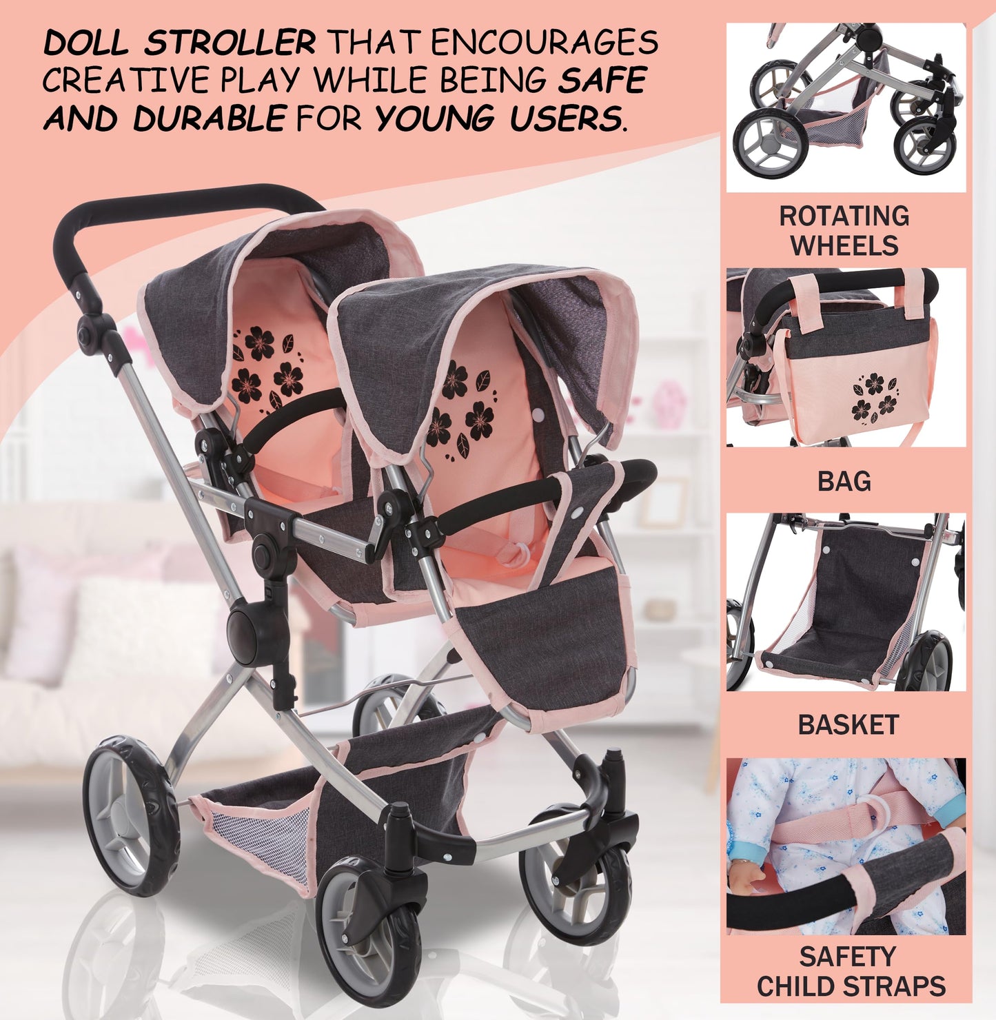 Dolls To Play Baby Doll Double Stroller Twin Pram Buggy for Kids 27.5 Inch Handle
