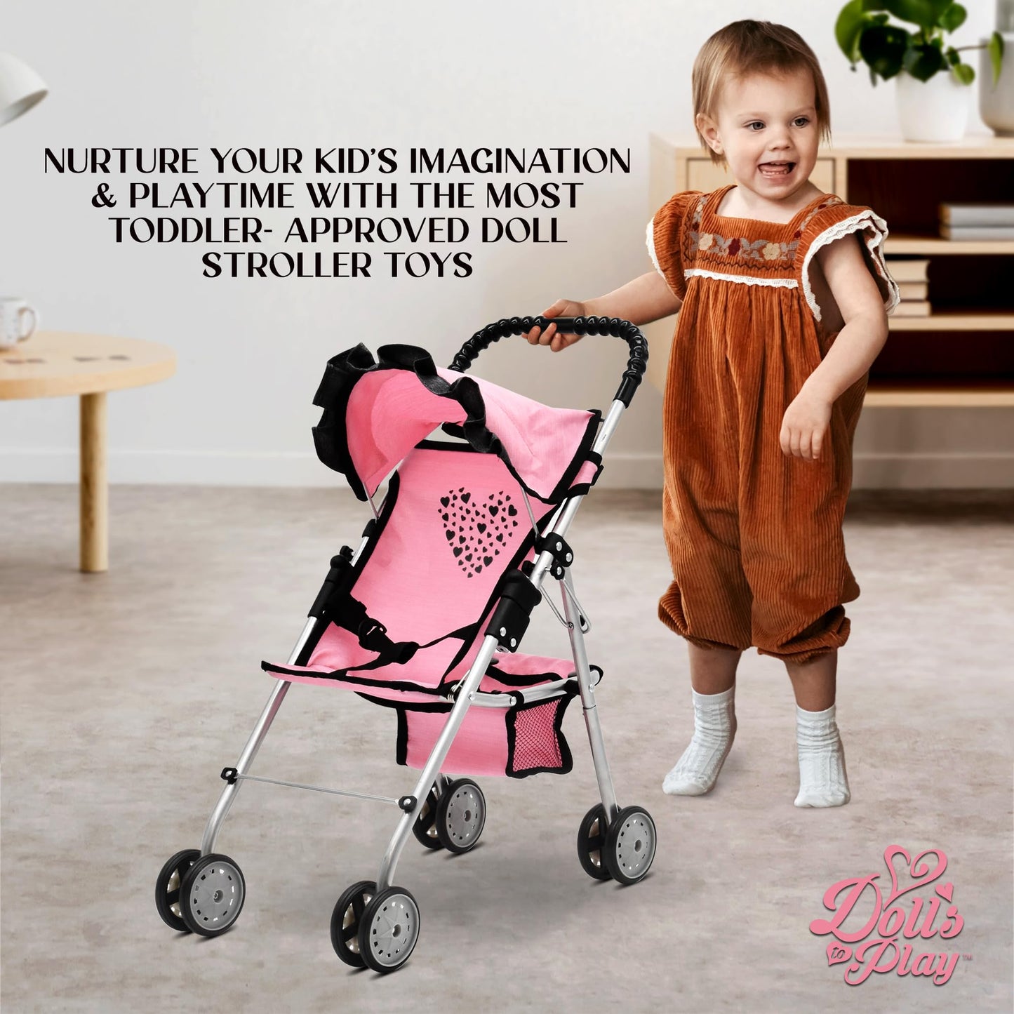 Baby Doll Stroller for Girls by Dolls To Play – Pink 4-Wheel Foldable Buggy with Canopy & Storage
