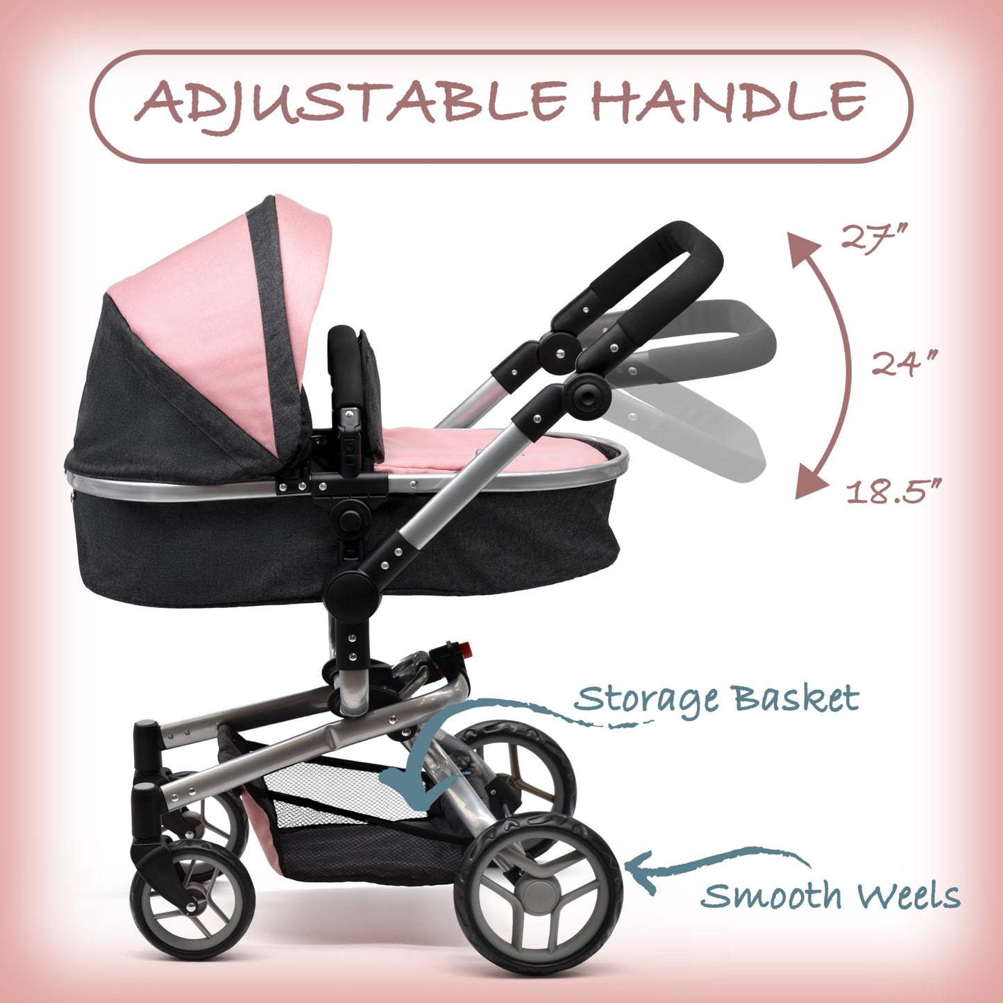 Dolls To Play Convertible Baby Doll Stroller 2-in-1 Carriage with Bag, Canopy & Rotating Wheels