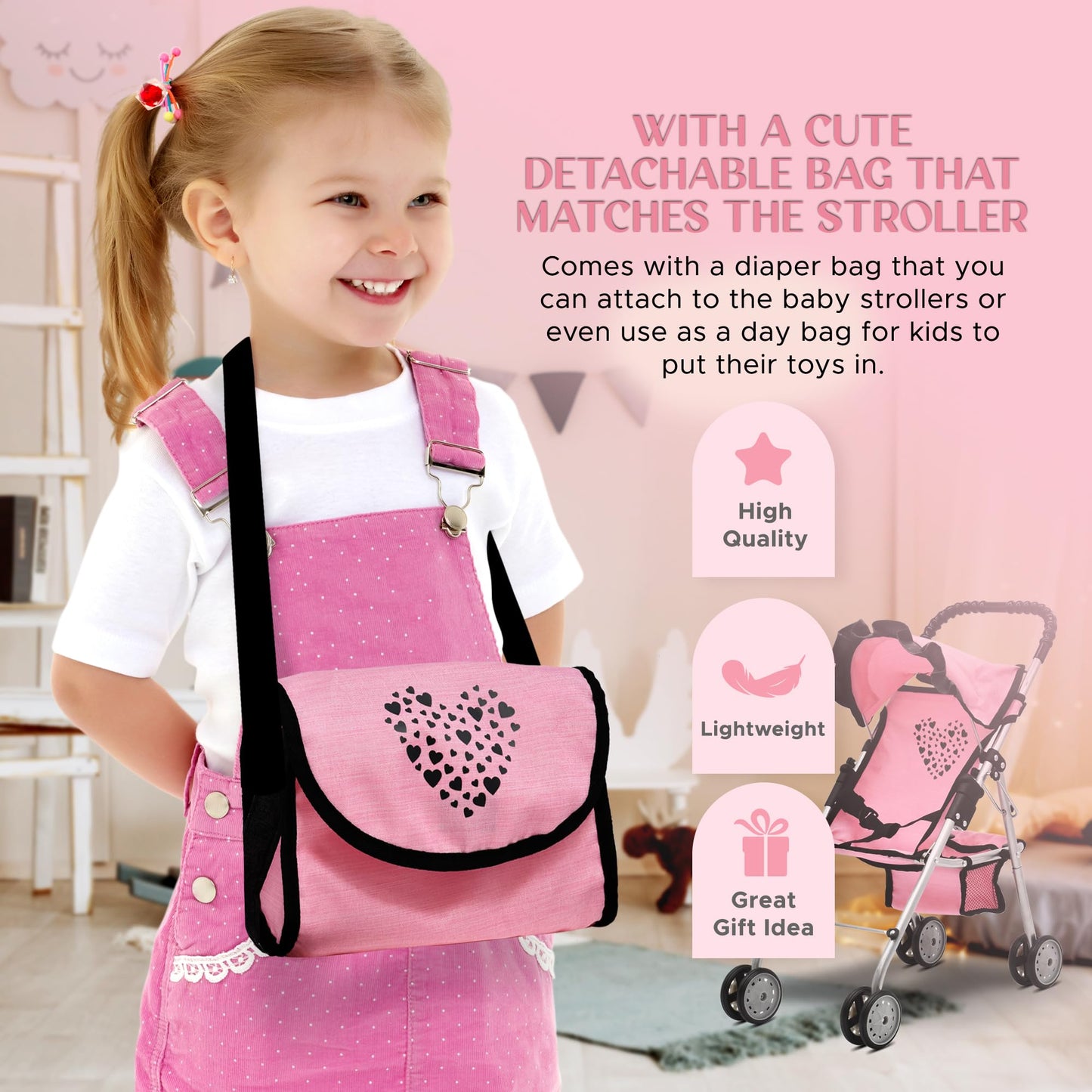 Baby Doll Stroller for Girls by Dolls To Play – Pink 4-Wheel Foldable Buggy with Canopy & Storage