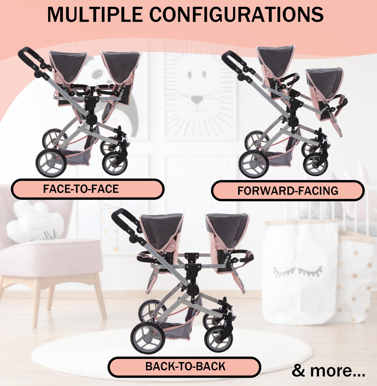 Dolls To Play Baby Doll Double Stroller Twin Pram Buggy for Kids 27.5 Inch Handle