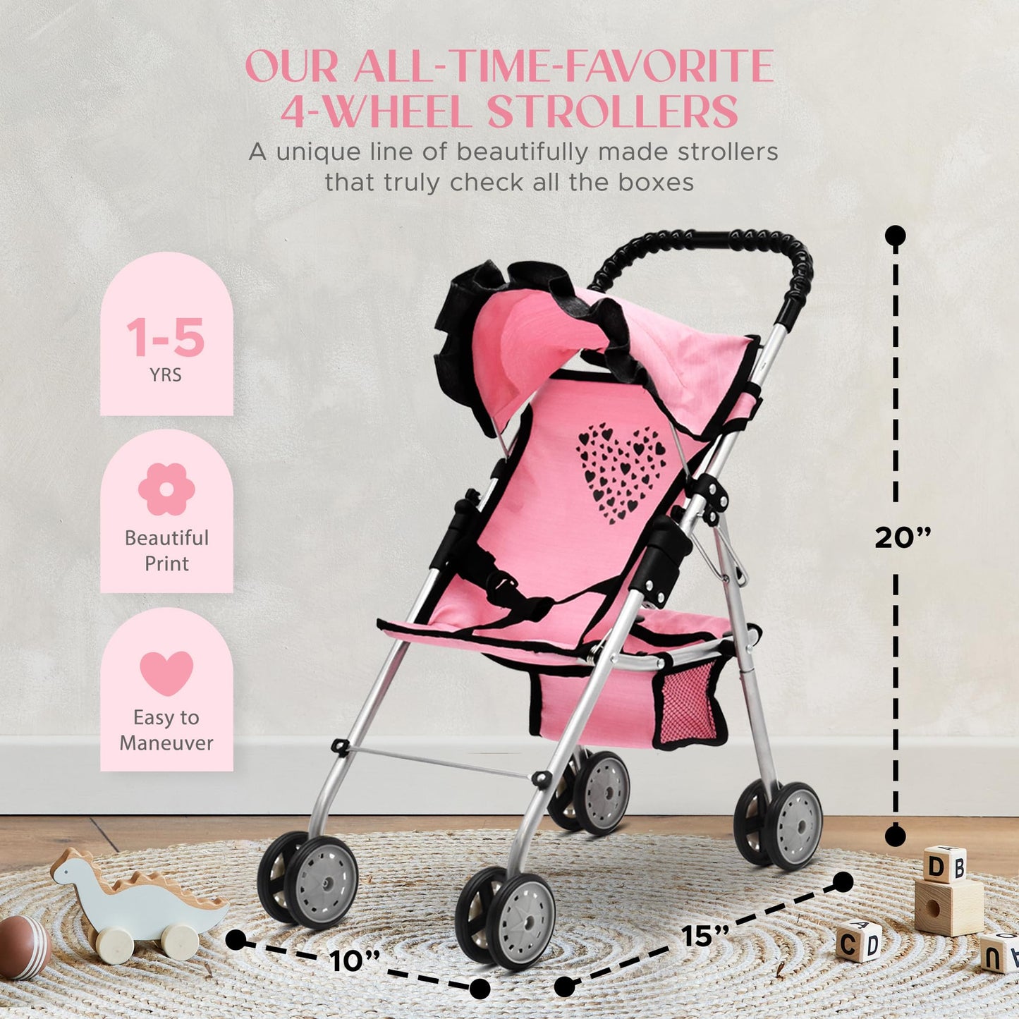 Baby Doll Stroller for Girls by Dolls To Play – Pink 4-Wheel Foldable Buggy with Canopy & Storage