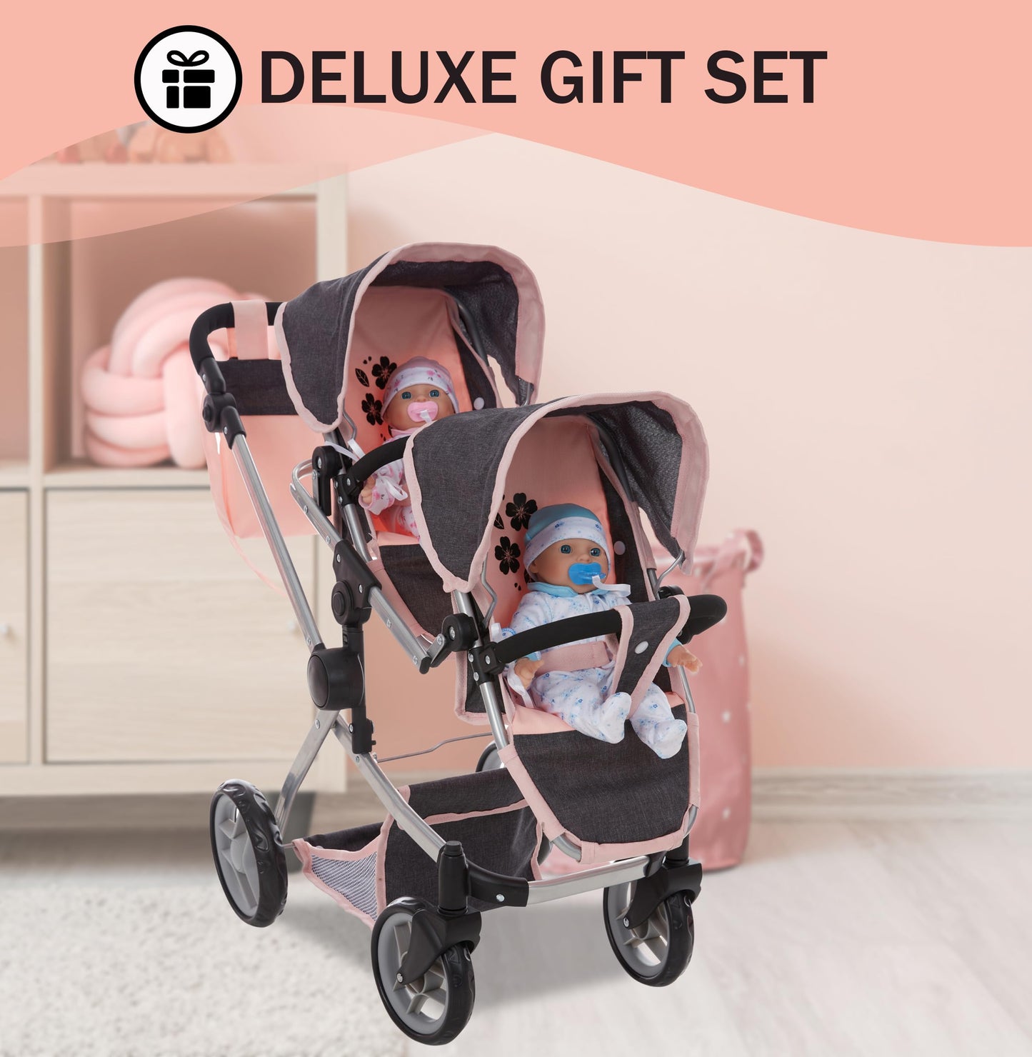 Dolls To Play Baby Doll Double Stroller Twin Pram Buggy for Kids 27.5 Inch Handle