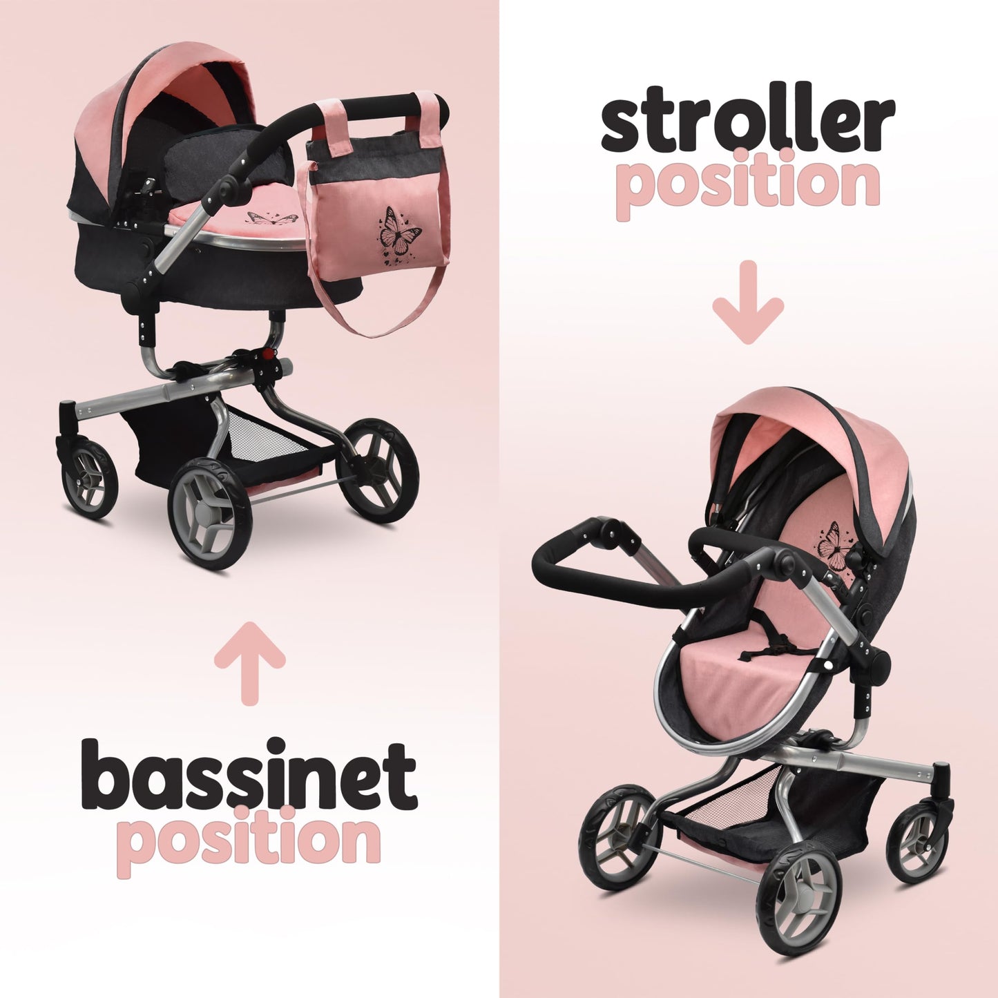 Dolls To Play Convertible Baby Doll Stroller 2-in-1 Carriage with Bag, Canopy & Rotating Wheels