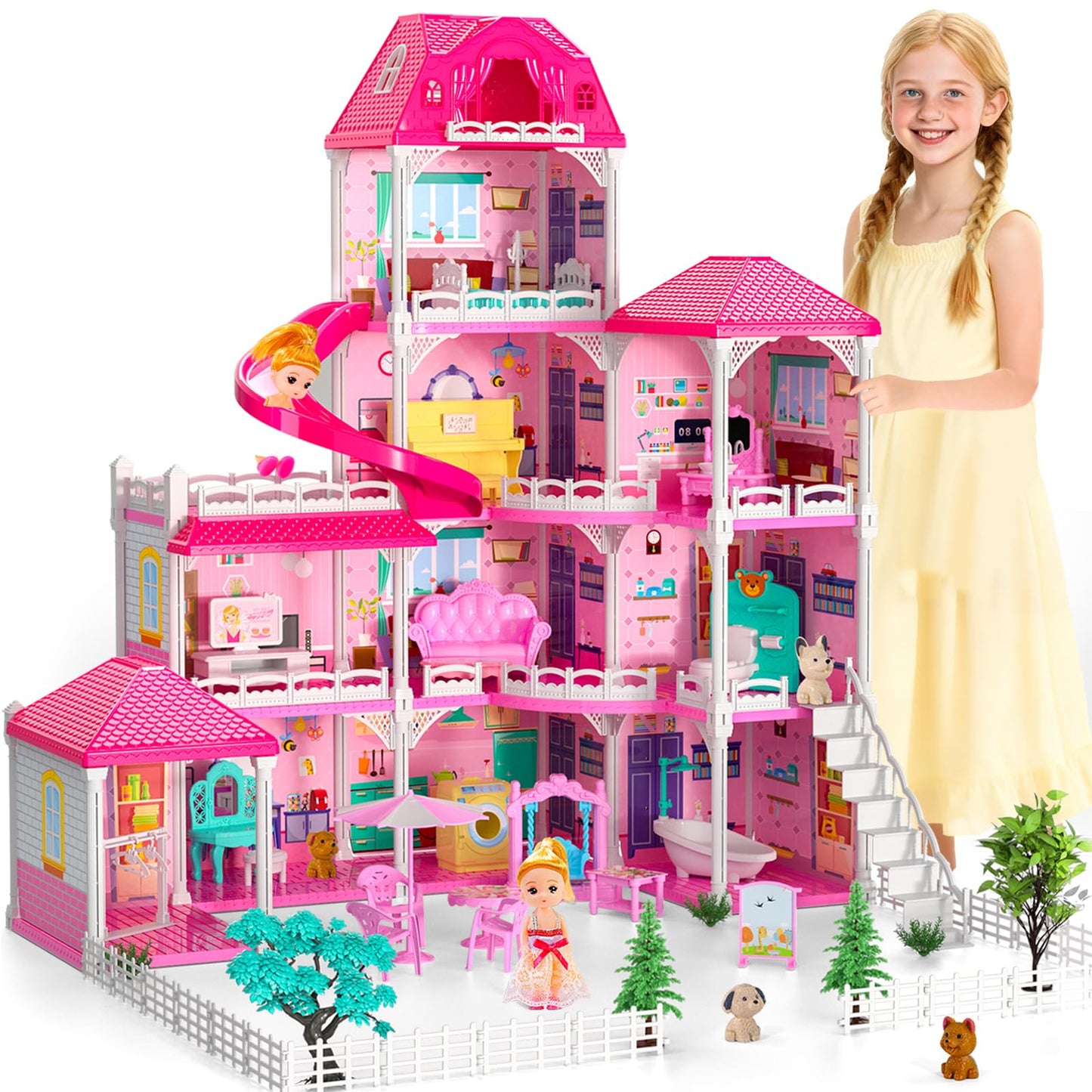 Doloowee Dollhouses for Girls – 4-Story 10-Room DIY Playhouse with Furniture & 2 Princesses