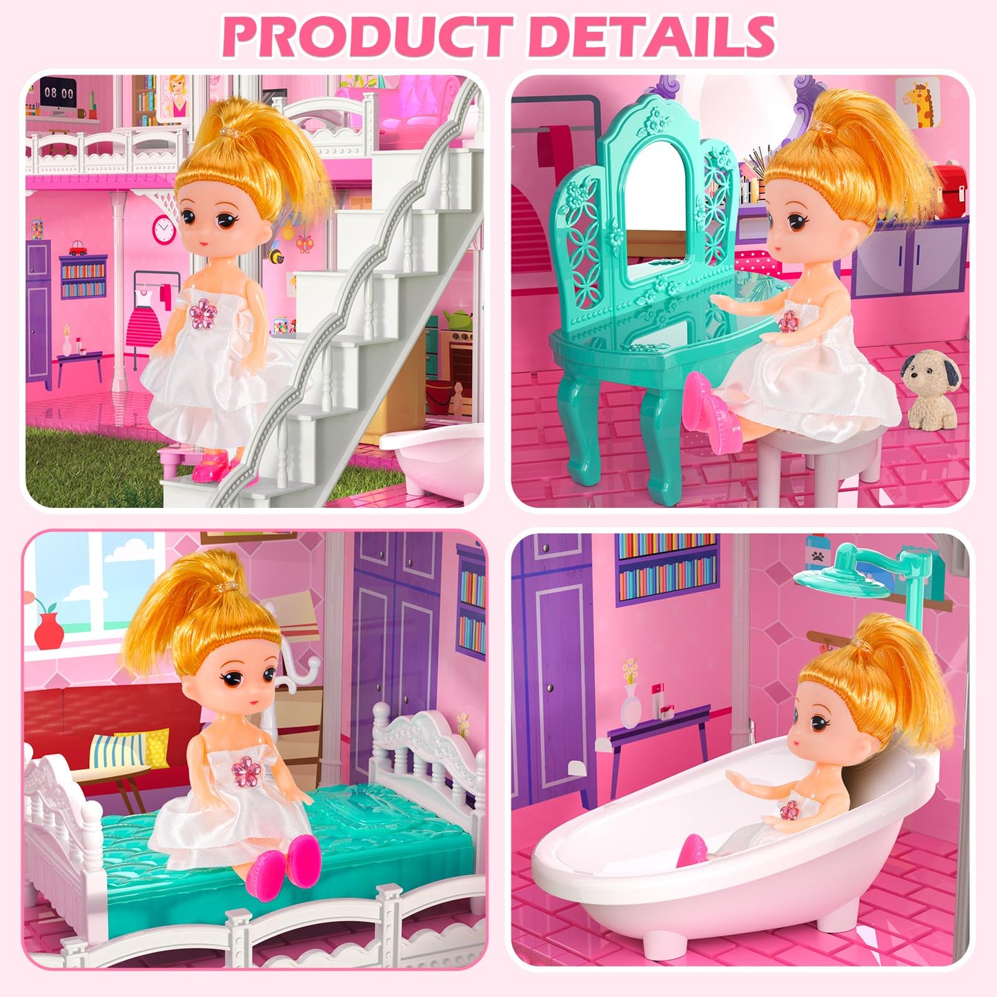 Doloowee Dollhouses for Girls – 4-Story 10-Room DIY Playhouse with Furniture & 2 Princesses
