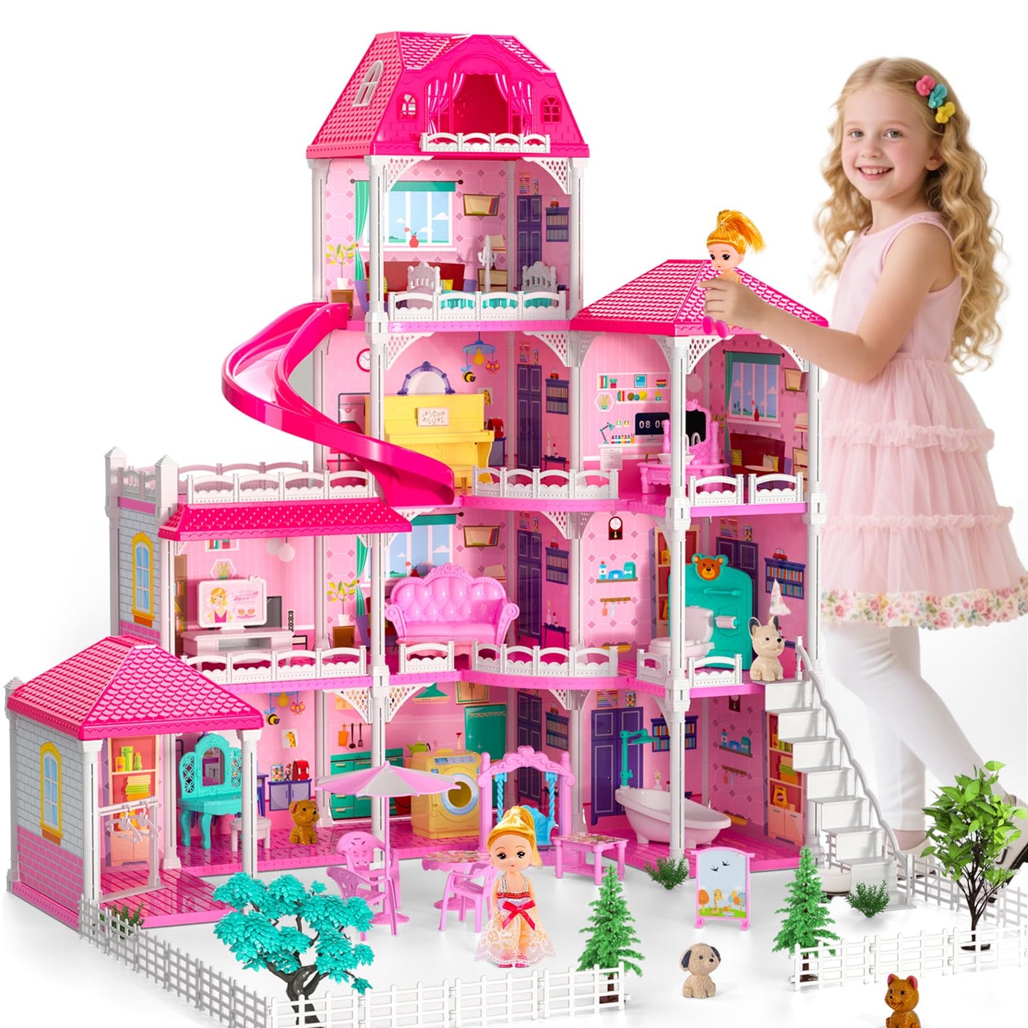 Doloowee DIY Dolls House – 4-Level Villa with 10 Rooms, 2 Dolls & 4 Dogs