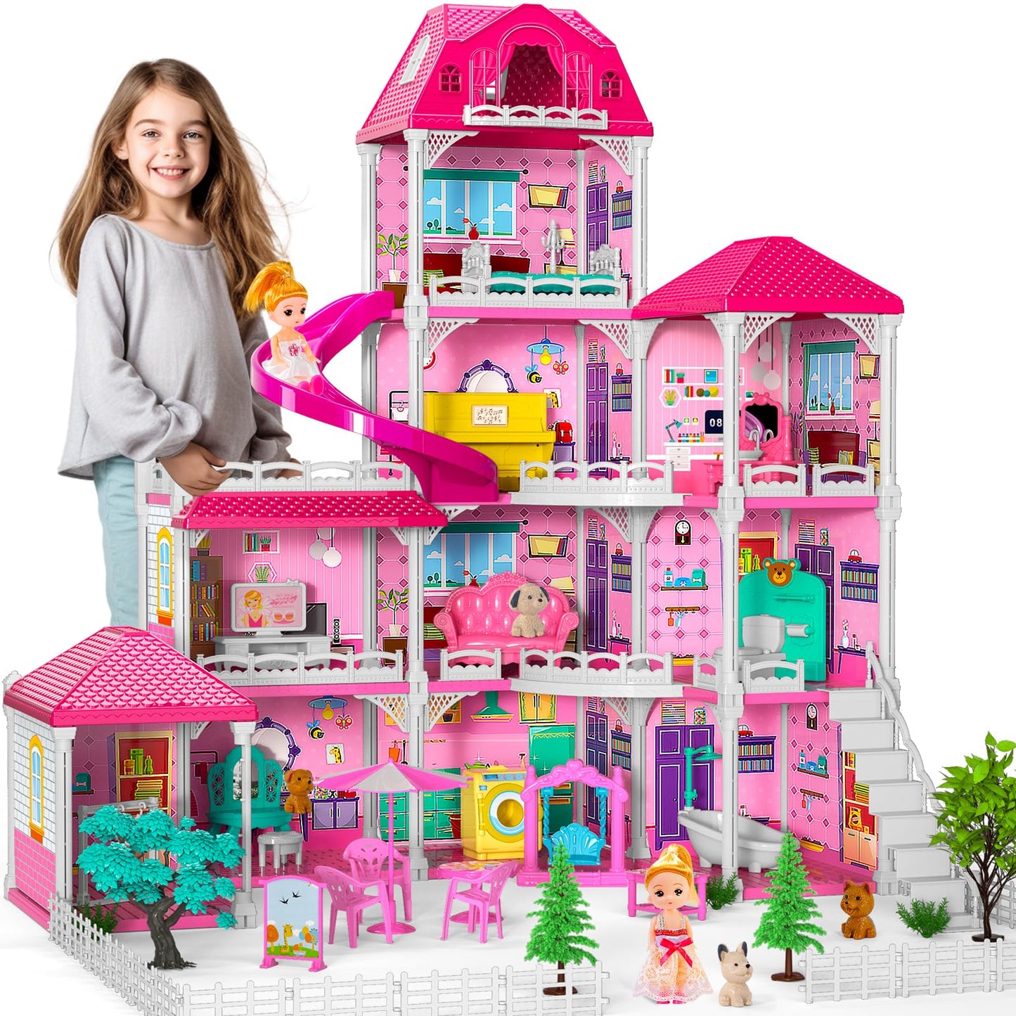 Doloowee Dolls House – 4-Story, 10-Room Playset with 2 Princess Dolls and Slide | Gift for Girls 3–8
