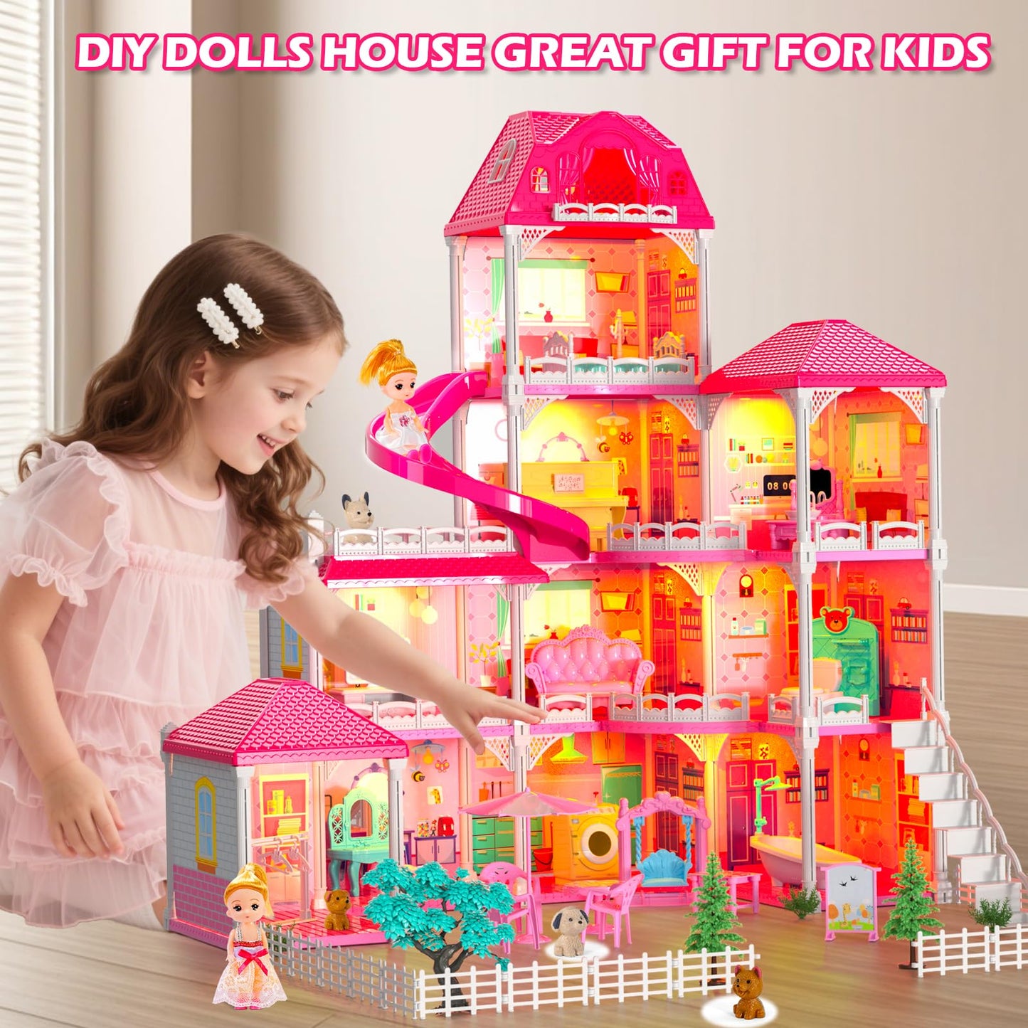 Doloowee DIY Dolls House – 4-Level Villa with 10 Rooms, 2 Dolls & 4 Dogs