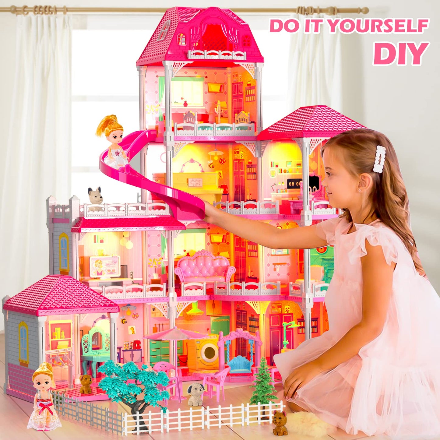 Doloowee Dolls House – 4-Story, 10-Room Playset with 2 Princess Dolls and Slide | Gift for Girls 3–8