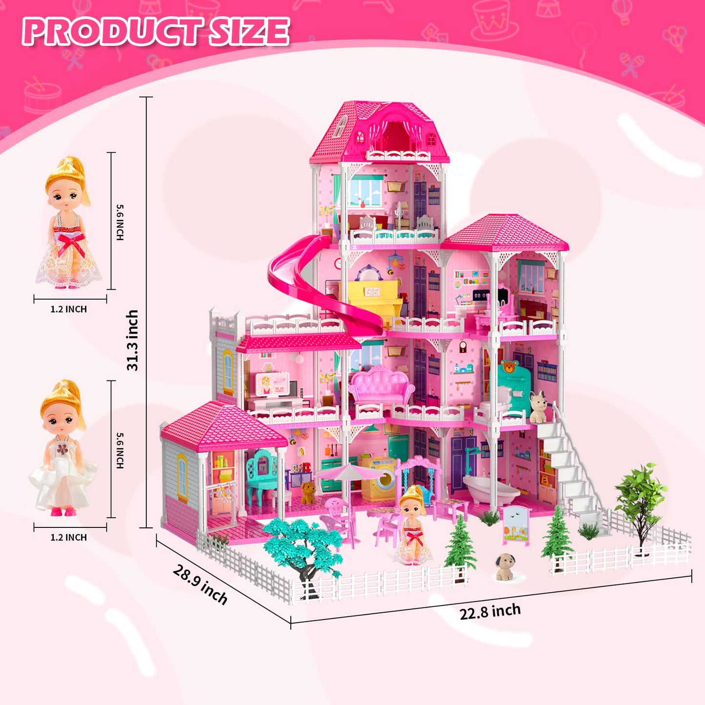 Doloowee DIY Dolls House – 4-Level Villa with 10 Rooms, 2 Dolls & 4 Dogs