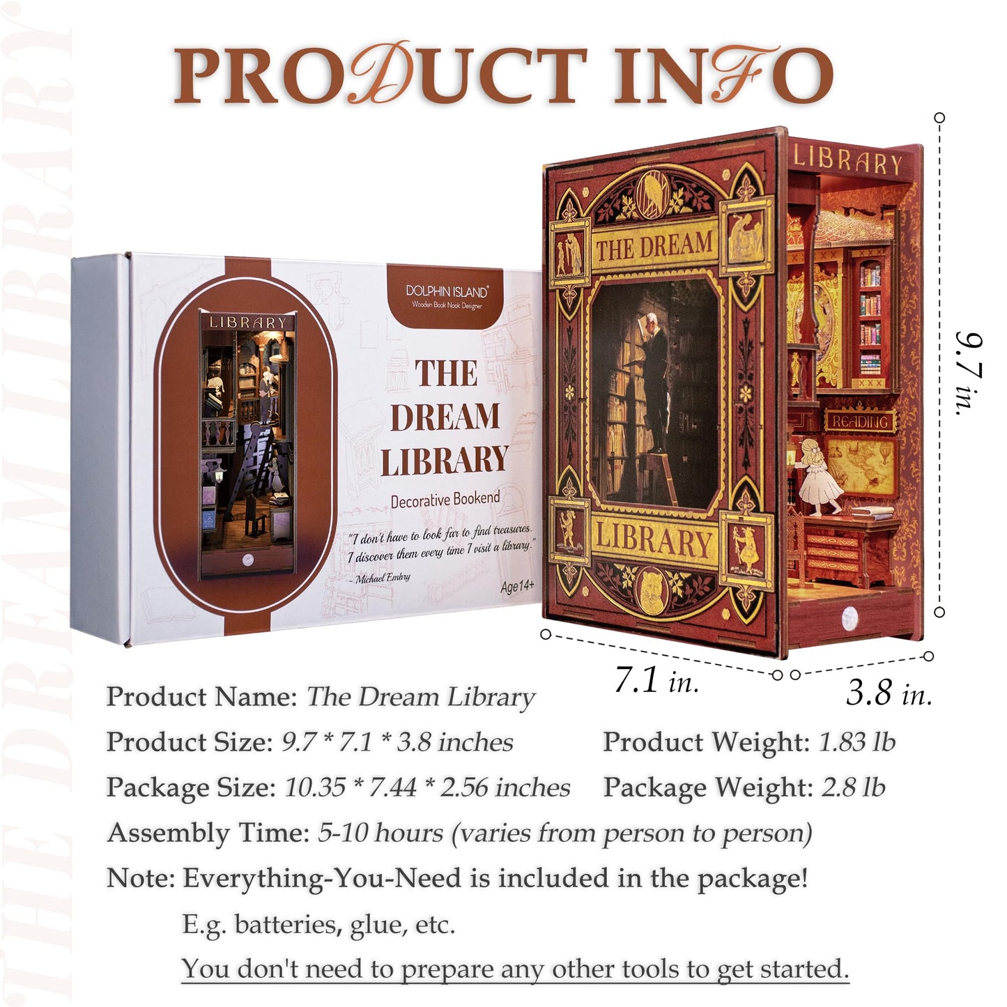 Dolphin Island Miniature Library DIY Book Nook Kit — 3D Wood Puzzle Bookend & Shelf Diorama