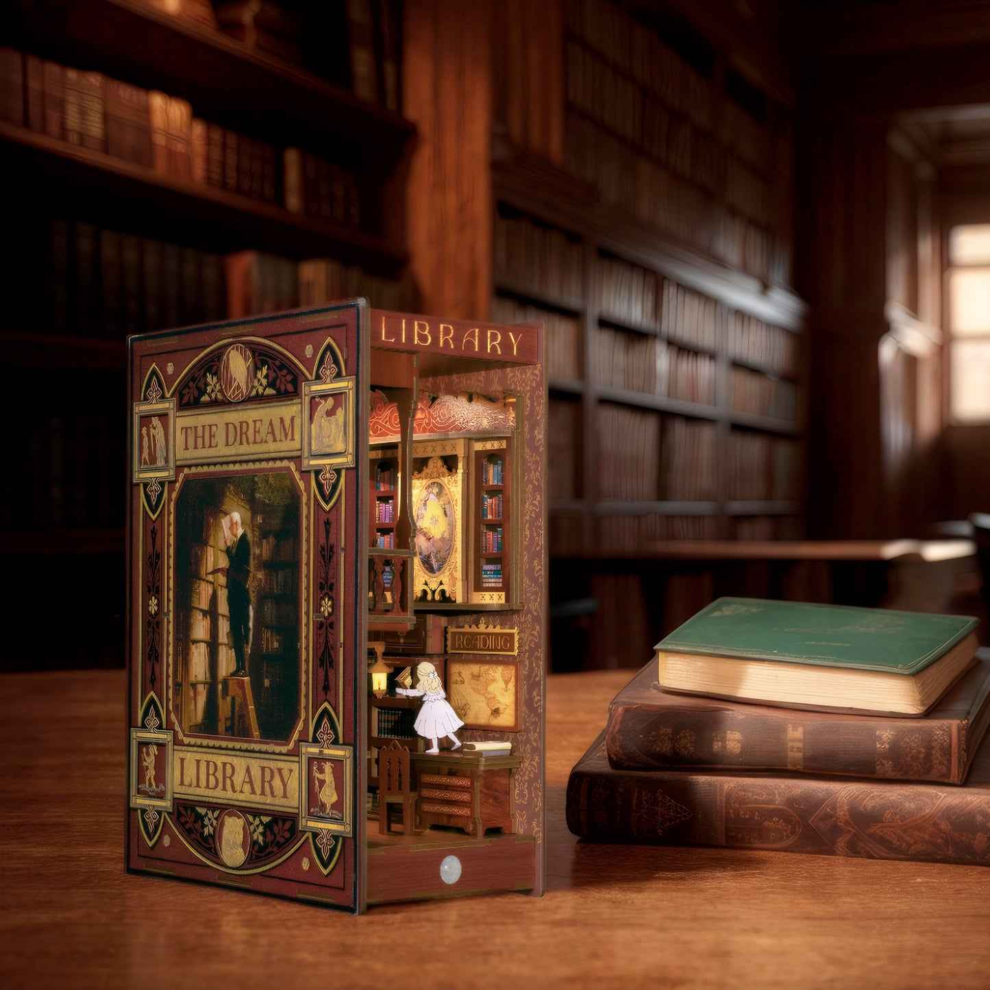 Dolphin Island Miniature Library DIY Book Nook Kit — 3D Wood Puzzle Bookend & Shelf Diorama