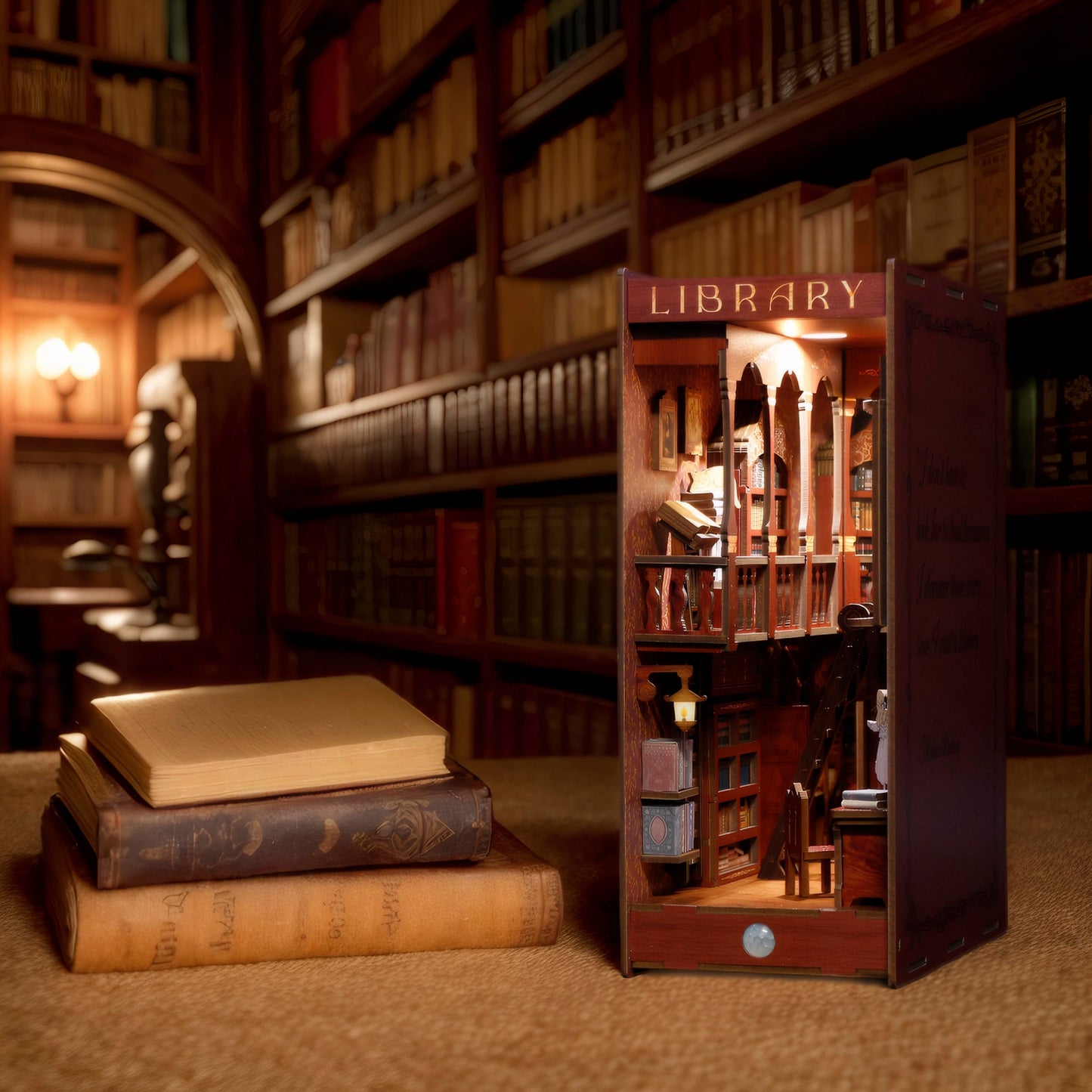 Dolphin Island Miniature Library DIY Book Nook Kit — 3D Wood Puzzle Bookend & Shelf Diorama