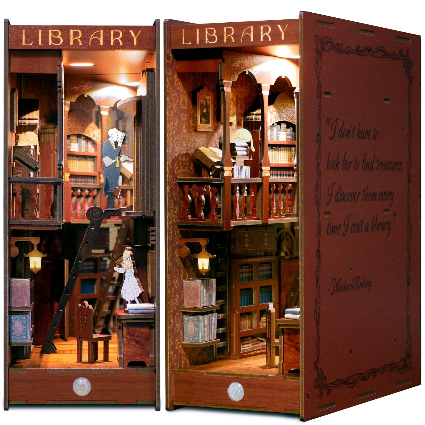 Dolphin Island Miniature Library DIY Book Nook Kit — 3D Wood Puzzle Bookend & Shelf Diorama