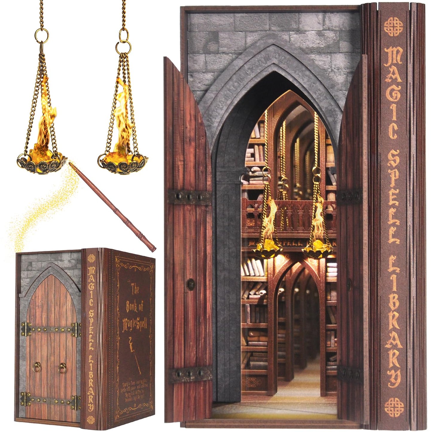 DolphinIsle Book Nook Kits for Adults – DIY Library Shelf 3D Puzzle with Flame Illusion