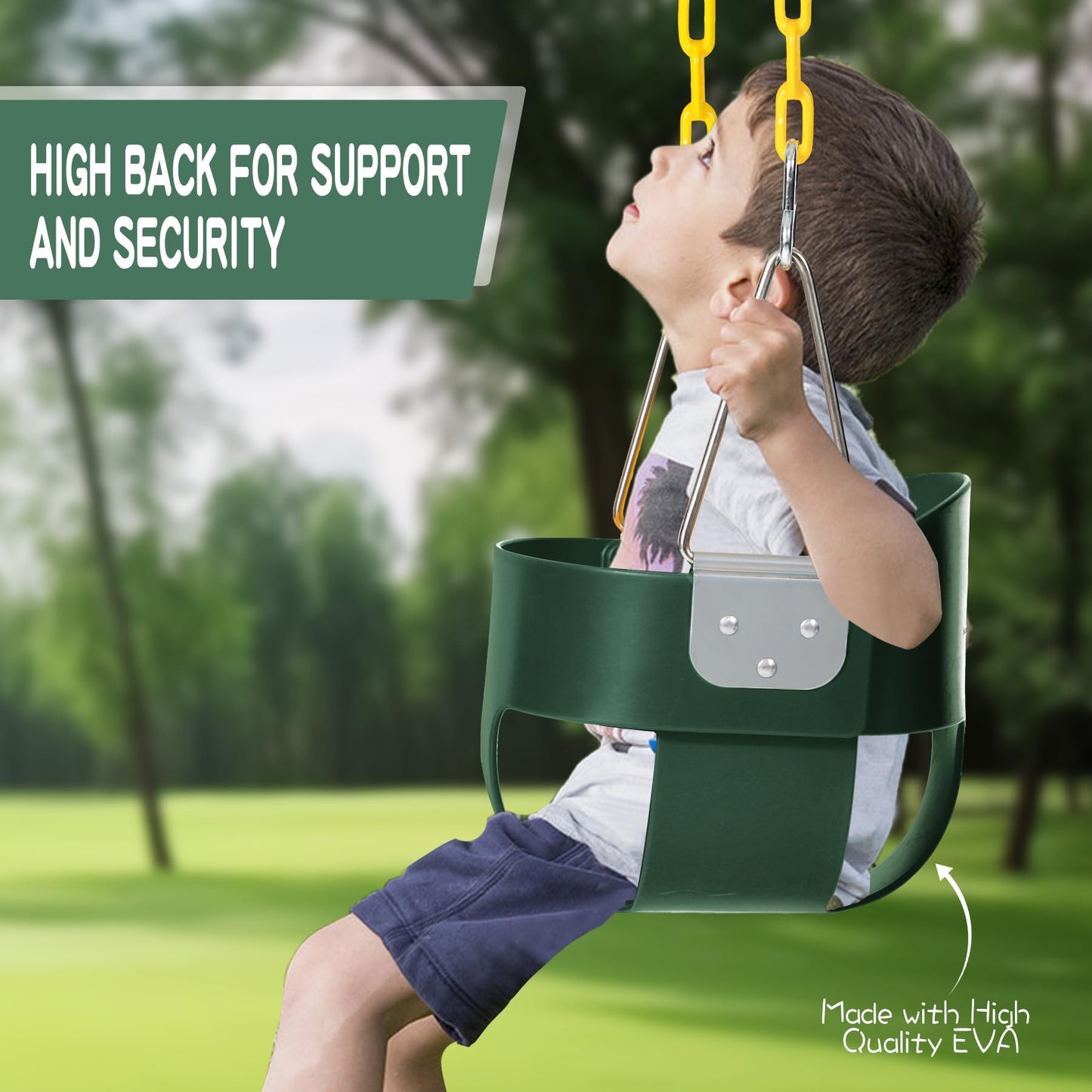 Domaker Toddler Swing Seat with Coated Chains – High Back Bucket Swing for Outdoor Play (Green)