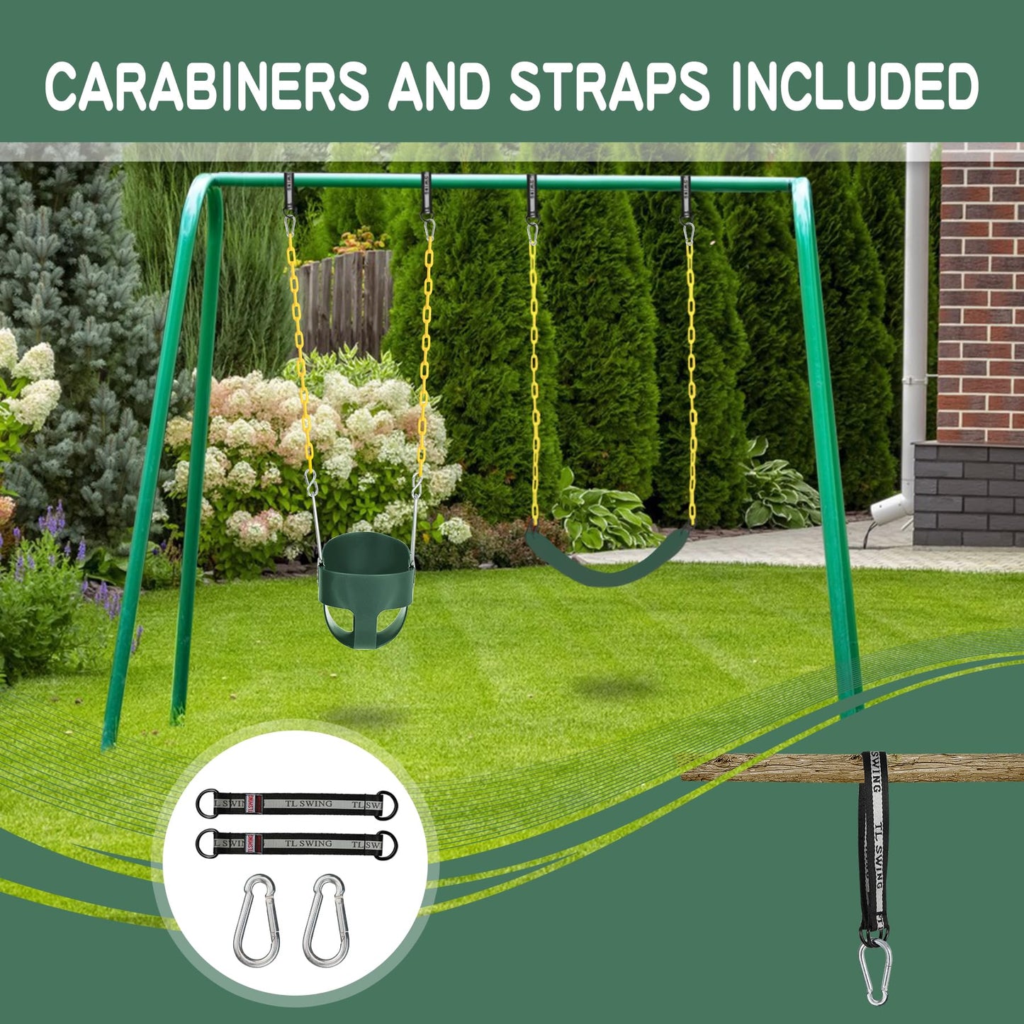 Domaker Toddler Swing Seat with Coated Chains – High Back Bucket Swing for Outdoor Play (Green)
