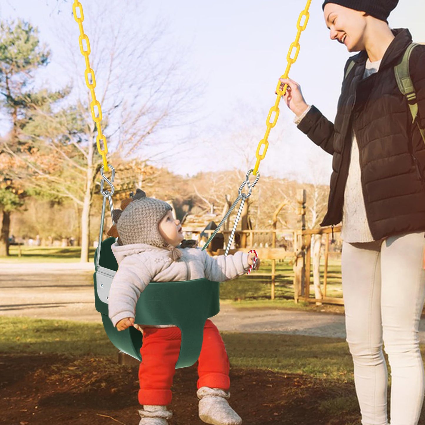 Domaker Toddler Swing Seat with Coated Chains – High Back Bucket Swing for Outdoor Play (Green)