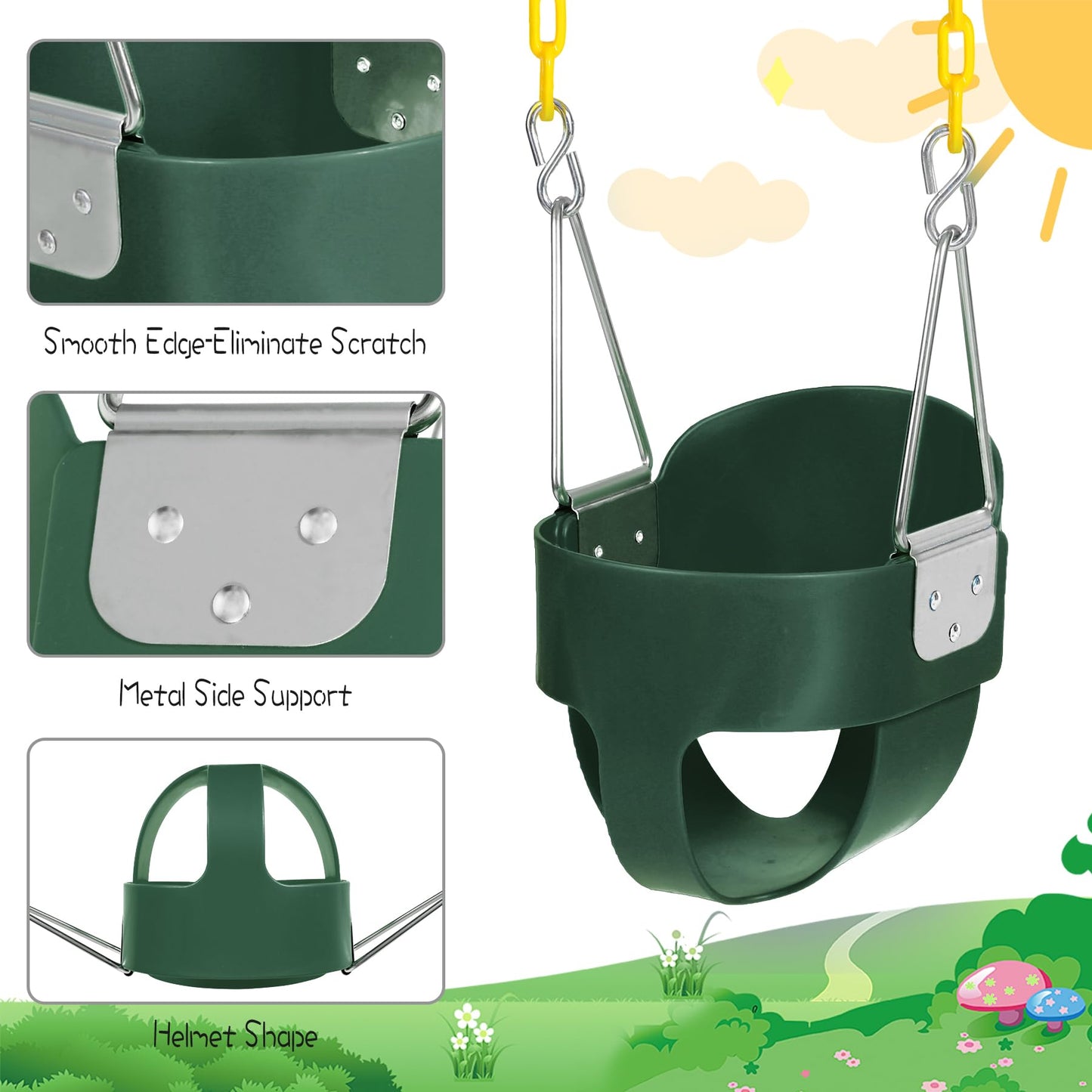 Domaker Toddler Swing Seat with Coated Chains – High Back Bucket Swing for Outdoor Play (Green)